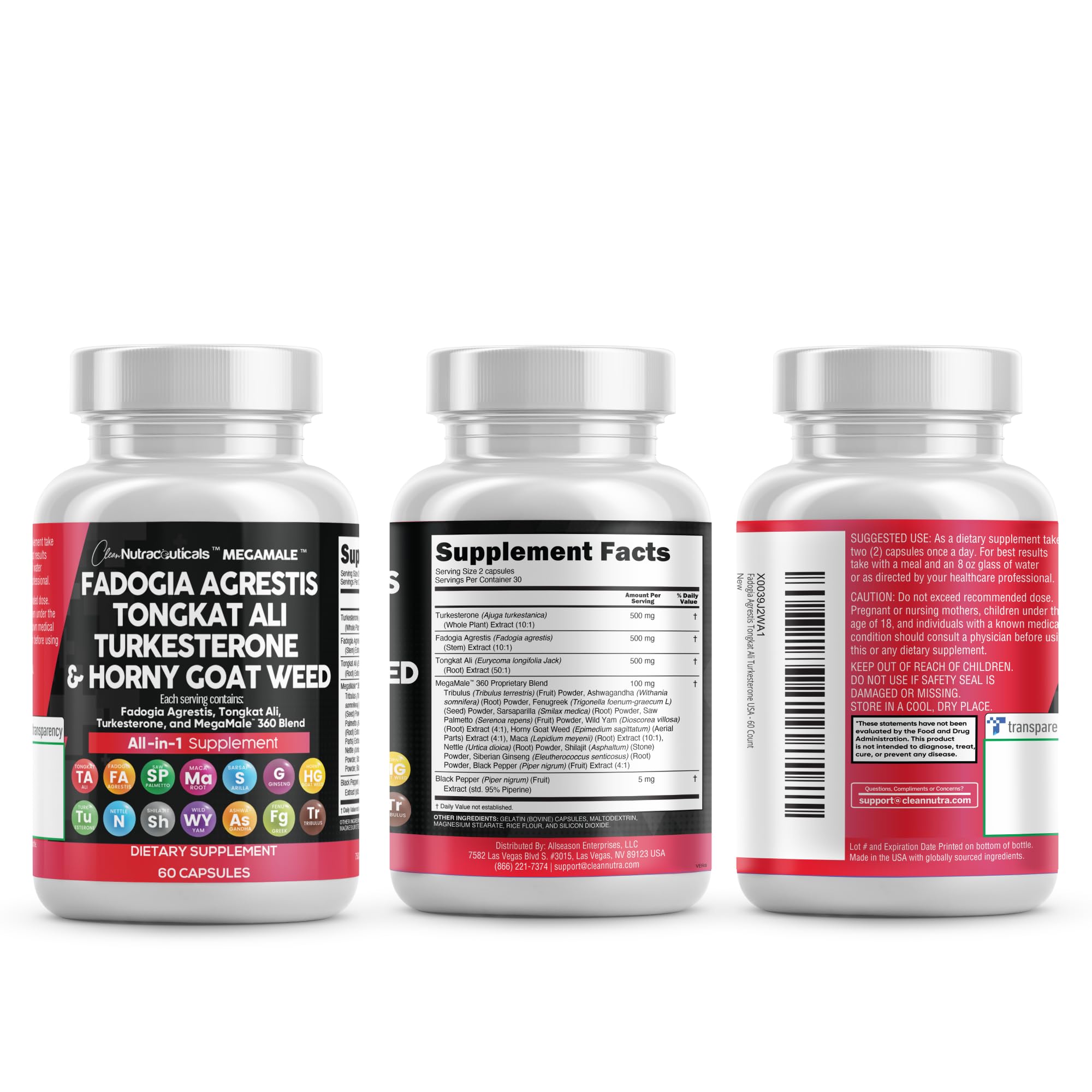 Clean Nutraceuticals Fadogia Agrestis Tongkat Ali Turkesterone Supplement with Horny Goat Weed, Saw Palmetto, Maca Root, Siberian Ginseng, Tribulus Terrestris, Fenugreek, Wild Yam - 60 Count