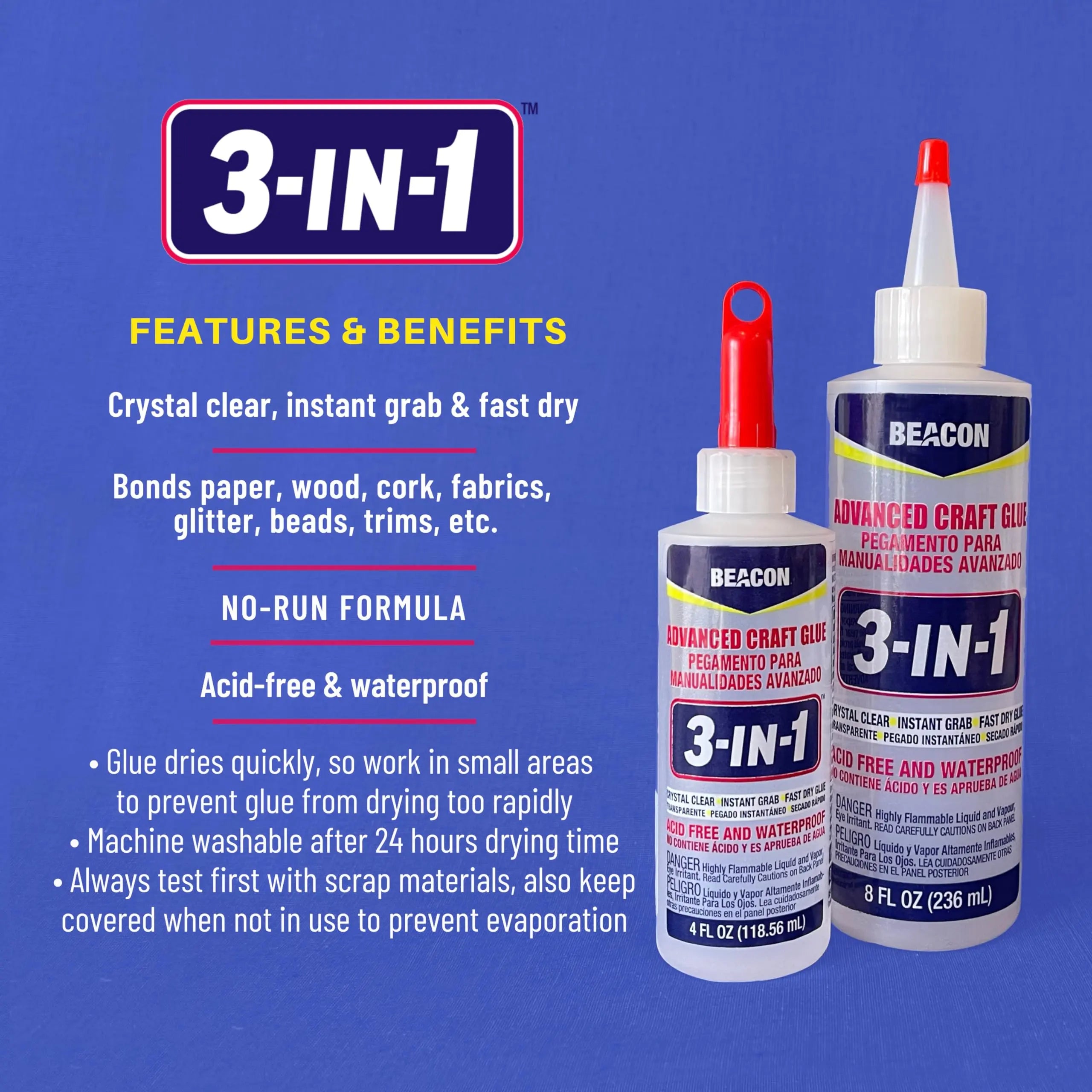 BEACON 3-in-1 Advanced Craft Glue - Fast-Drying, Crystal Clear Adhesive for Wood, Ceramics, Fabrics, and More, 4-Ounce