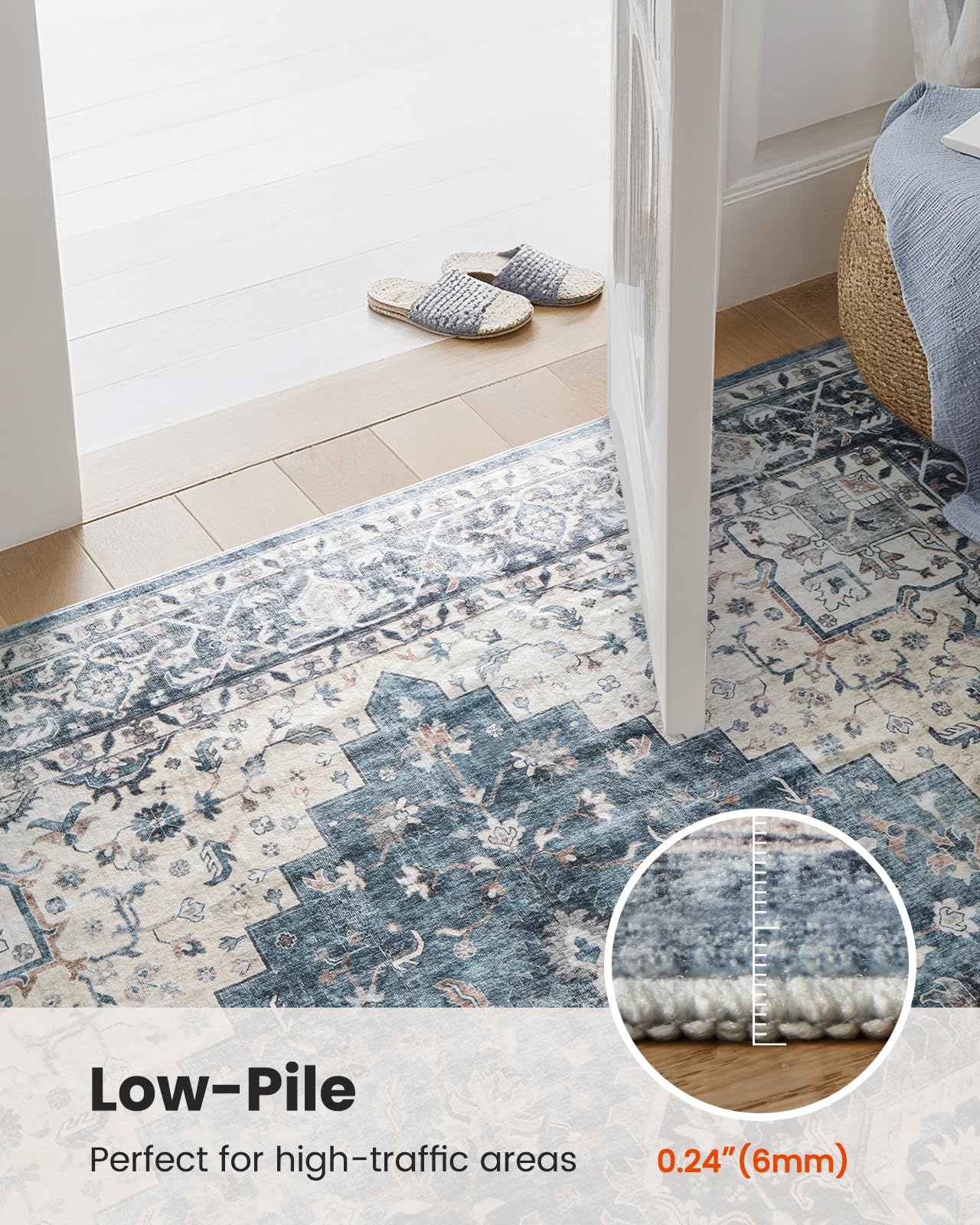 AMADA HOMEFURNISHING 8x10 Washable Area Rug, Low-Profile Large Area Rug with Non-Slip Backing & Durable Edge Binding, Vintage Large Rugs for Living Room, Bedroom, Dinning Room