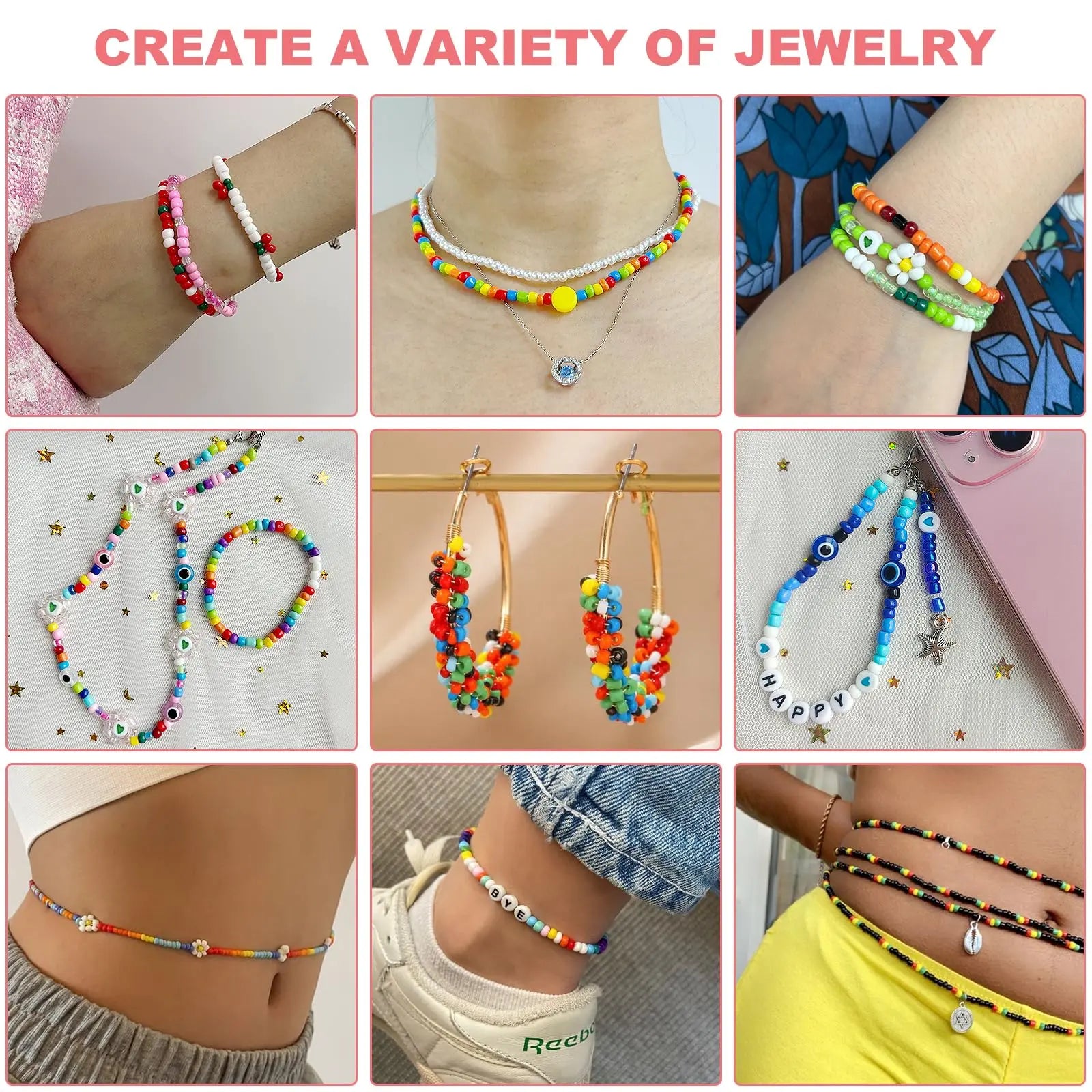 Redtwo 4mm Glass Seed Beads for Jewelry Bracelet Making Kit, Small Beads Friendship Bracelet Kit, Tiny Waist Beads with Letter Beads and Elastic String, DIY Art Craft Girls Gifts.