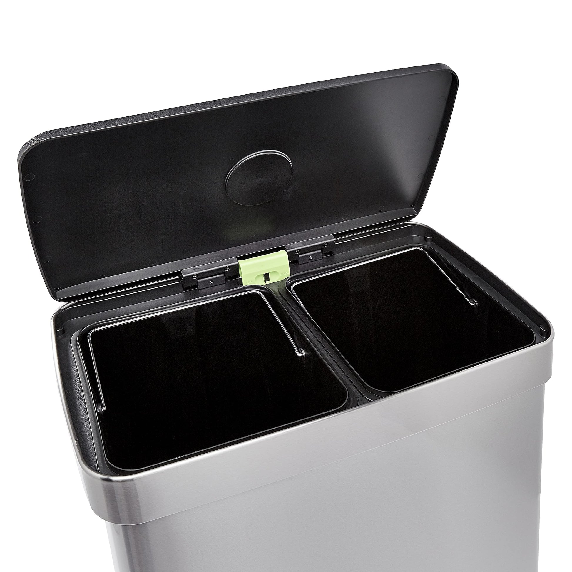 Amazon Basics Dual Compartment Recycling Trash Can with Soft-Close Lid and Removable Liner Buckets, 60 Liters, Rectangular, Grey, Silver