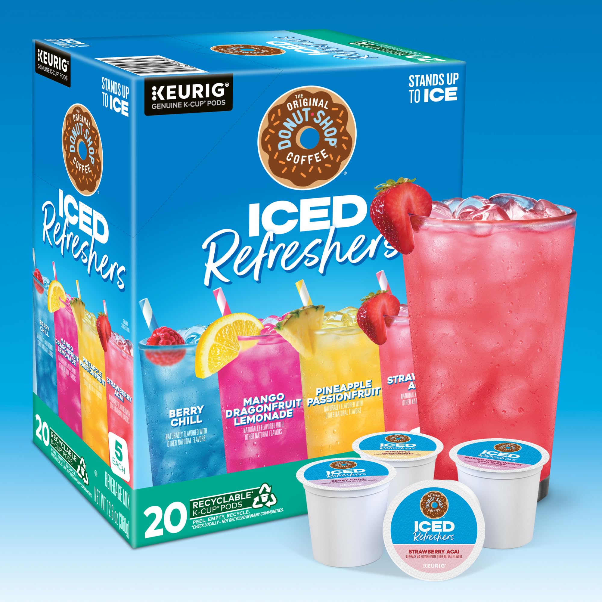 The Original Donut Shop, Iced Refreshers, Keurig Single Serve K-Cup Pod Variety Pack, Strawberry Acai, Pineapple Passionfruit, Mango Dragonfruit Lemonade, Berry Chill, 20-Count