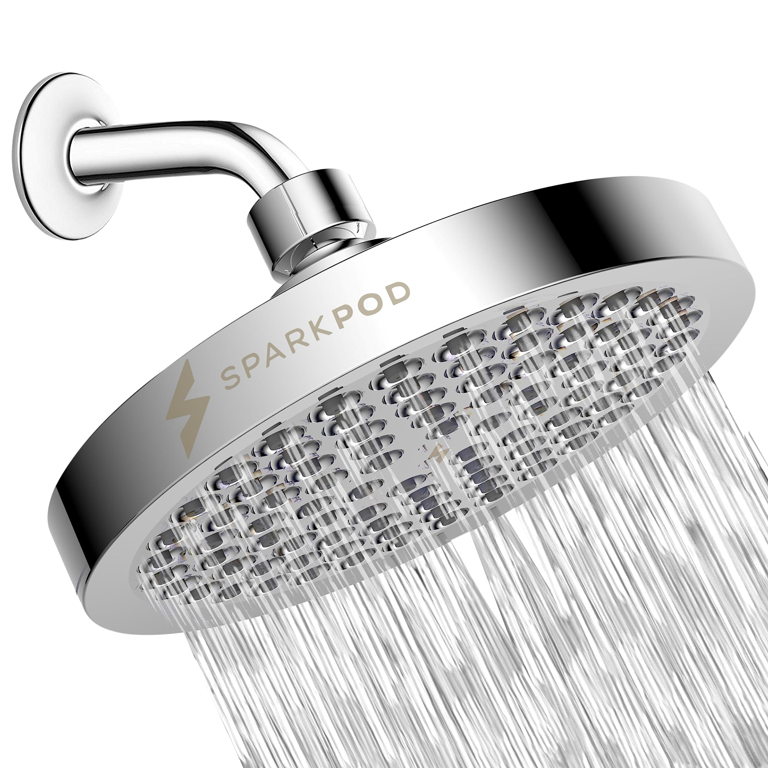 SparkPod Duschkopf – hoher Regendruck – erstklassiges Luxusdesign – 1-Minuten-Installation – leicht zu reinigender, verstellbarer Ersatz für Ihre Badezimmer-Duschköpfe (Luxuriös polierter Chrom, 6 Zoll rund)