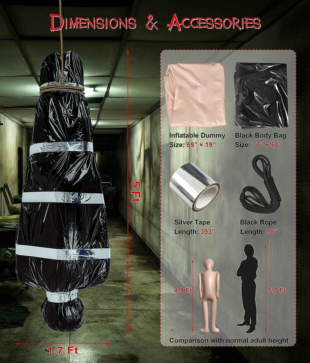 AnanBros 5ft Hanging Corpse Dead Victim Props Halloween Decorations, Haunted Creepy House Halloween Decor,Scary Halloween Decorations Outdoor Clearance, Outdoor Halloween Inflatables Yard Decorations