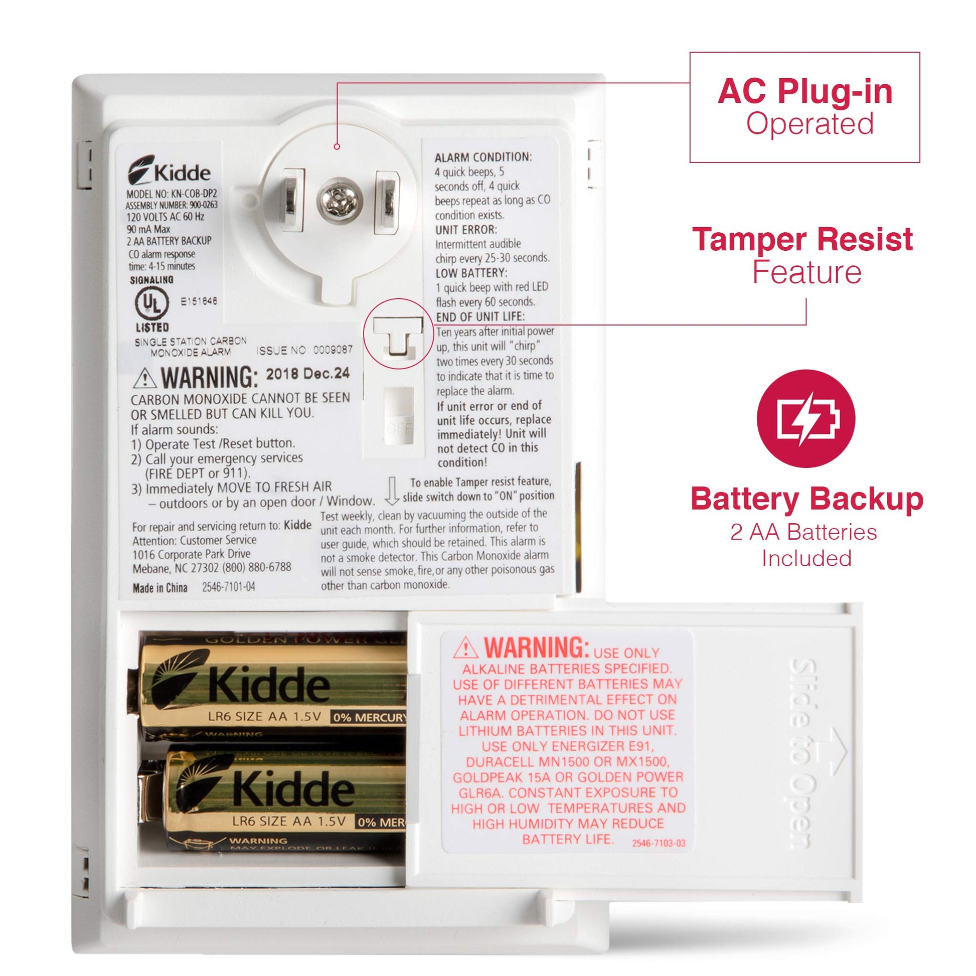Kidde Carbon Monoxide Detector, Plug in Wall with AA Battery Backup, Test-Hush Button