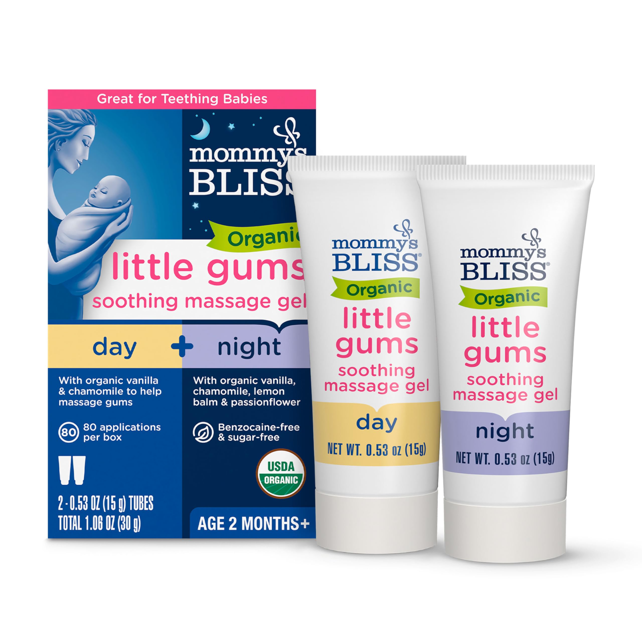 Mommy's Bliss Organic Little Gums Soothing Massage Gel Day and Night Combo, Great for Teething Babies, Age 2 Months+, Sugar Free, Mild & Sweet Flavor, 2 - 0.53 Oz Tubes (Pack of 1)