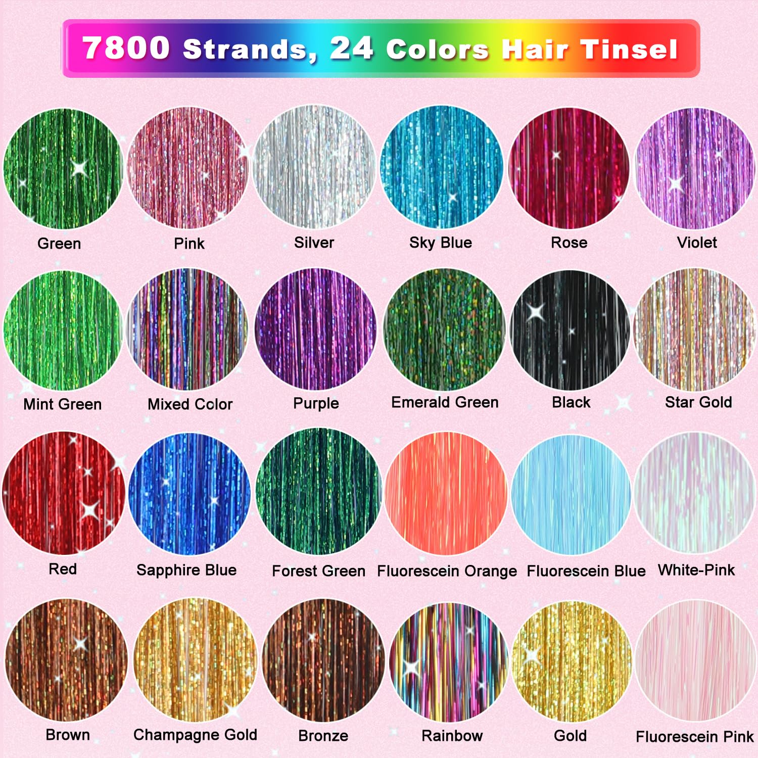 Aouuhe Hair Tinsel 24 Colors 7800 Strands Hair Tinsel Kit with Tools 48 Inch Glitter Tinsel Hair Extensions Festive Party Fairy Hair Tinsel Kit for Women Girls Hair Accessories