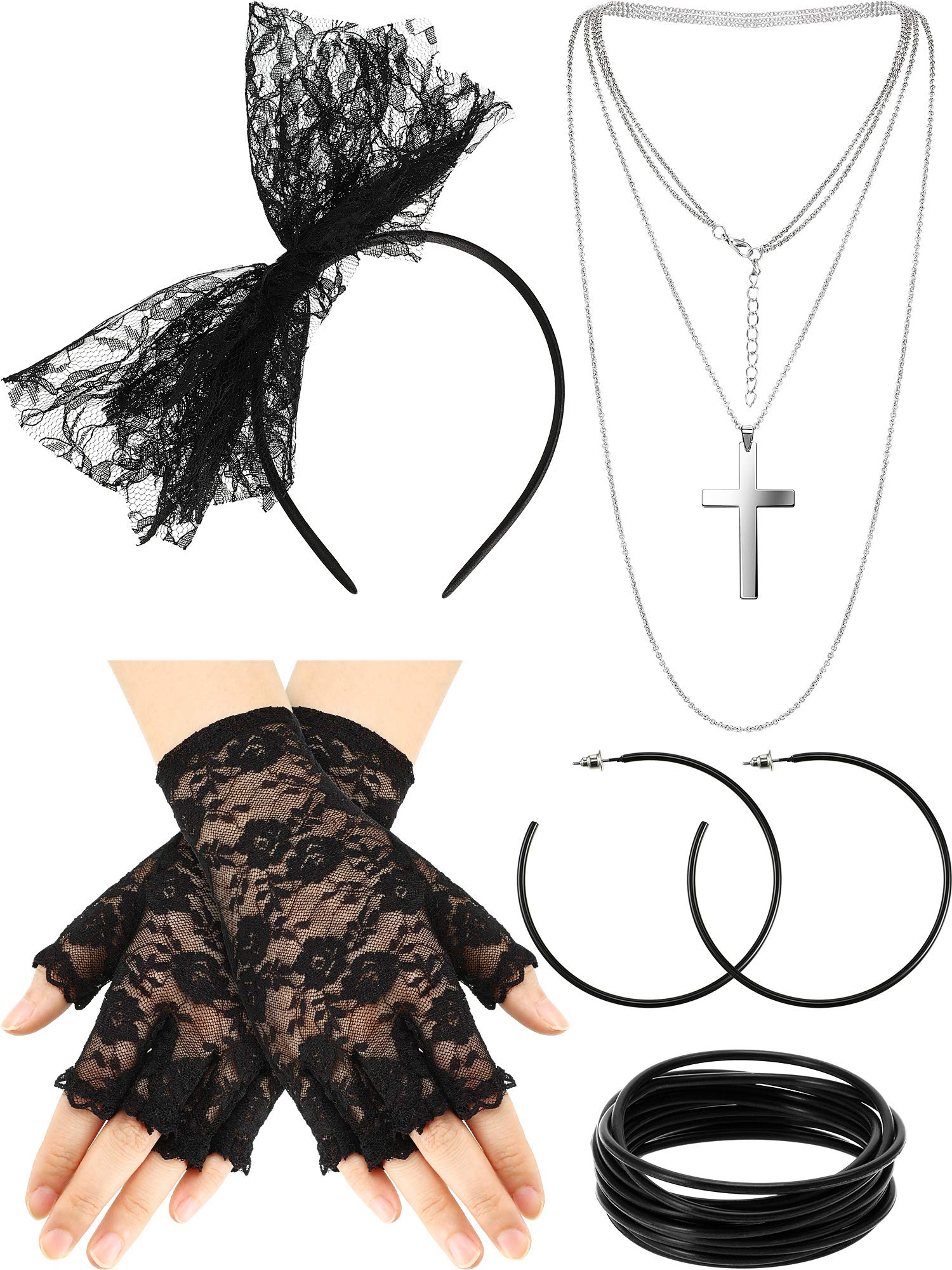 Blulu 80s Fancy Dress Costume Accessories Lace Headband Earrings Fishnet Gloves Necklace Bracelet for 80s Retro Party (Black)