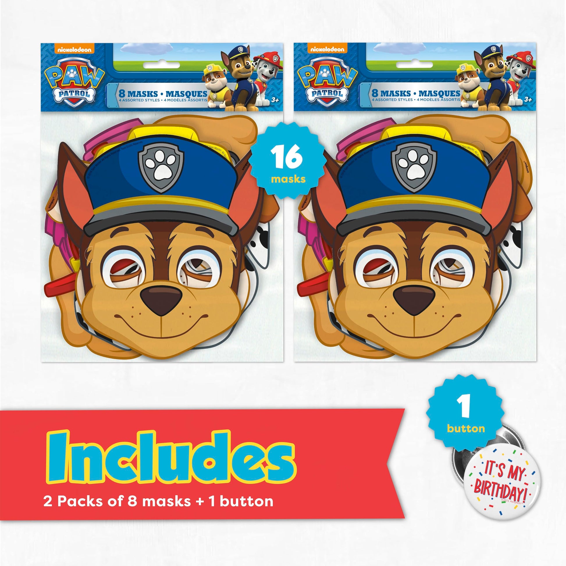 Unique Paw Patrol Masks for Kids Birthday Party Favors and Decorations with Buttons - 16 Pack