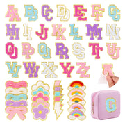 72 Pcs Preppy Chenille Patches Self Adhesive Embroidered for DIY Clothing,Include 52 A-Z Chenille Letter Patches Stickers,20 Rainbow Flower Lighting Bowknot Stick on Patches for Bags Backpacks Hats