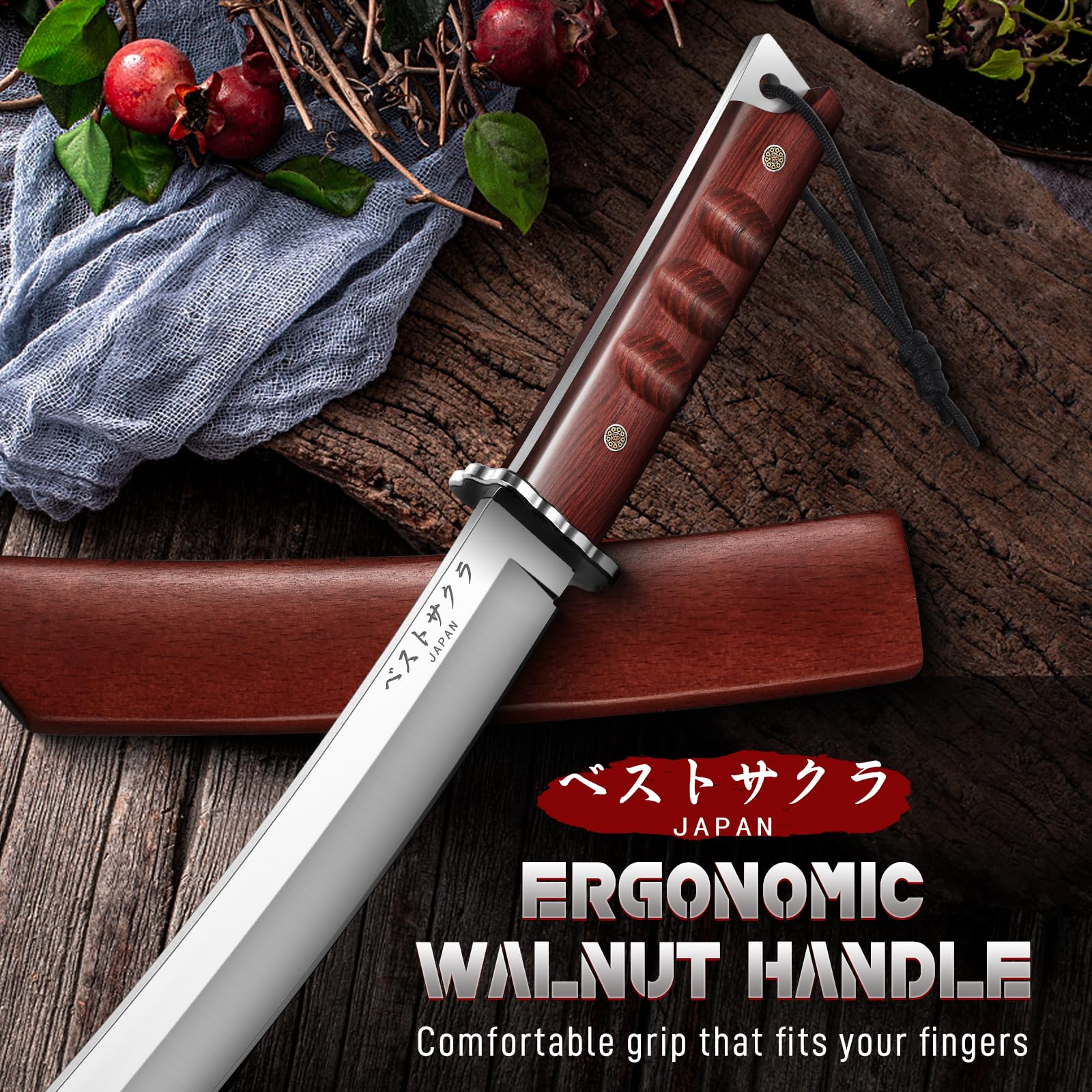 DRGSKL Japanese Fixed Blade Knife - Tanto Knives with Wooden Sheath - Survival Knives with Full Tang Handle - Bushcraft knives for Camping Outdoor, Gifts for Men