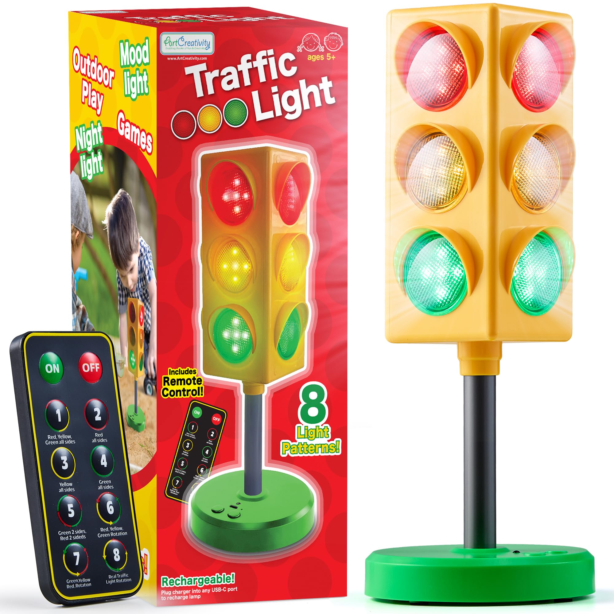 ArtCreativity Traffic Light - Teacher Classroom Must Haves Supplies, 8 Modes with Remote -Classroom Decor, Kindergarten Educational Lamp -Real Traffic Light Rotation Mode, Red Lights Green Lights Game