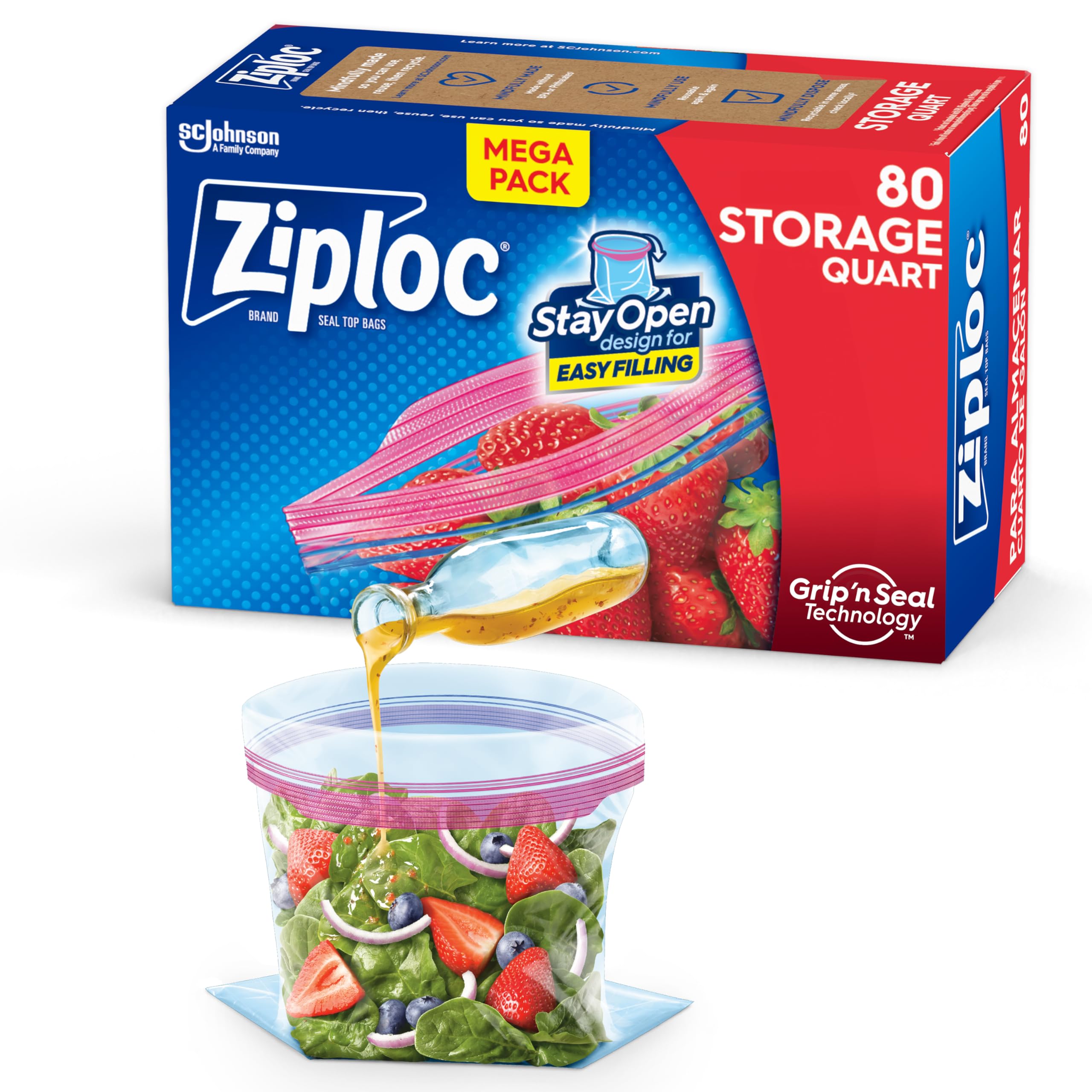 Ziploc Quart Food Storage Bags, Stay Open Design with Stand-Up Bottom, Easy to Fill, 80 Count