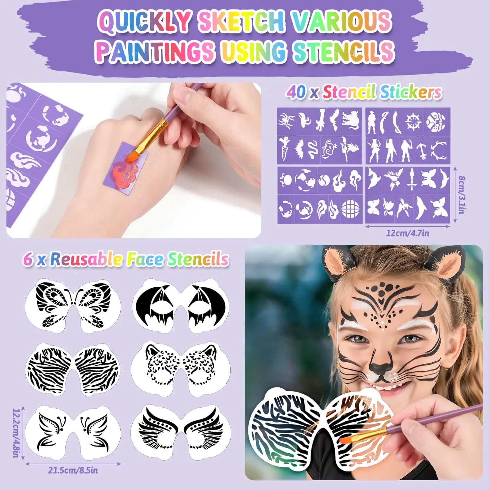 Flasoo Kids Face Painting Kit - 42 Non-Toxic Colors, 16 Crayons, 6 Reusable & 40 Sticky Stencils for Parties & Halloween