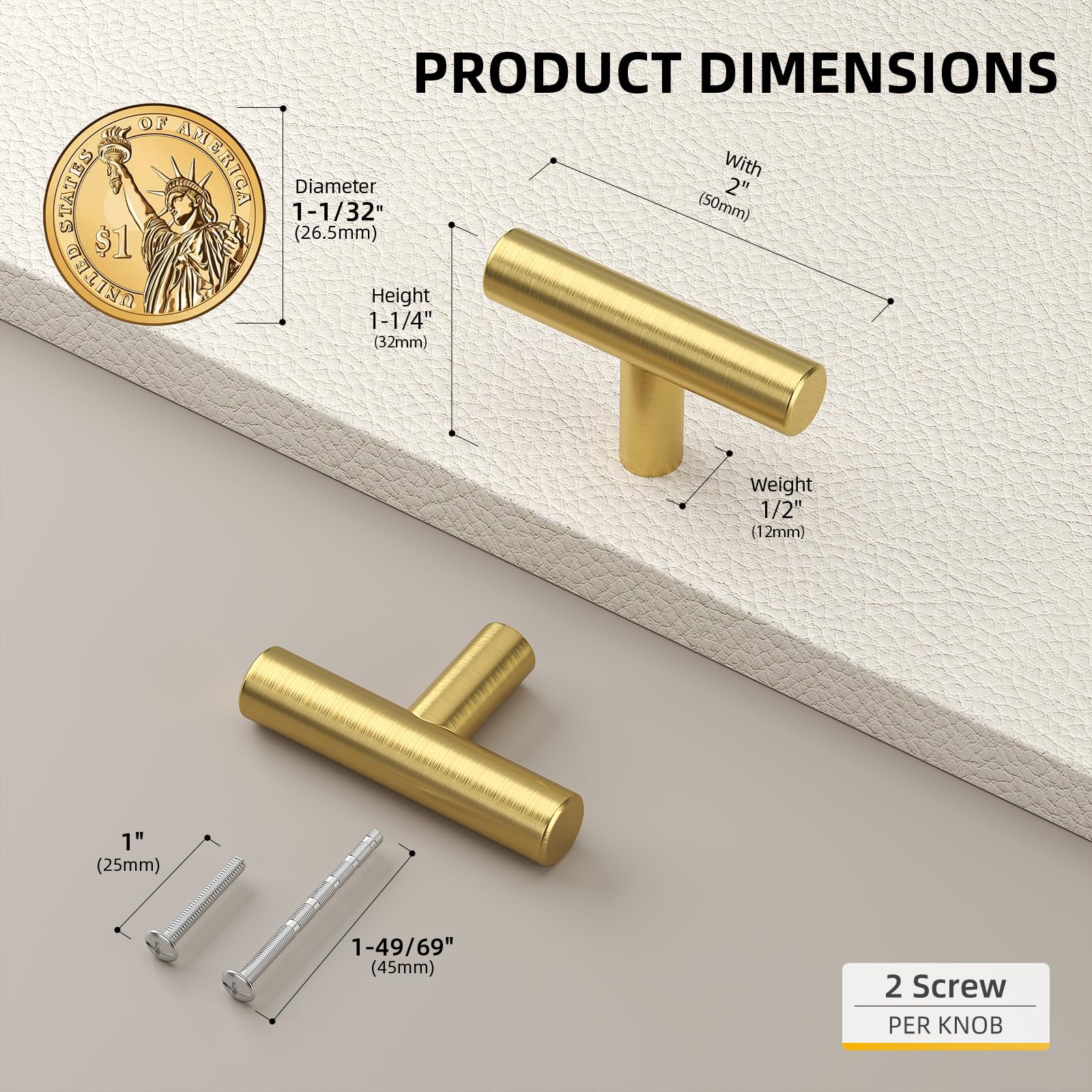 goldenwarm 10 Pack Gold Cabinet Knobs Brushed Brass Drawer Knobs Gold Dresser Hardware - LS201GD Single Hole Handles for Kitchen Cupboard Doors Closet Hardware 2in Overall Length