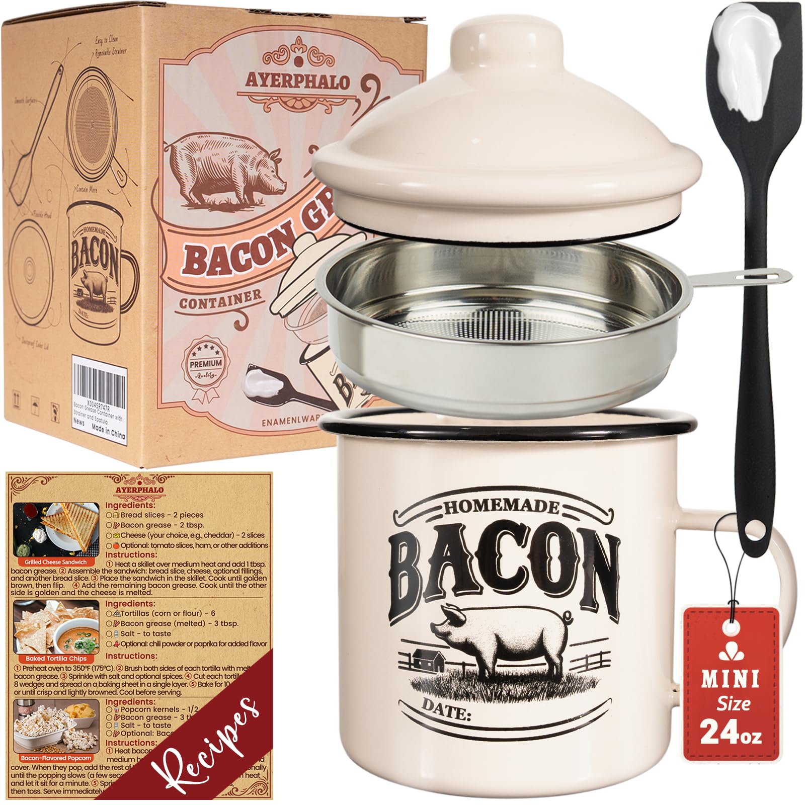 Bacon Grease Container with Strainer - With Food-Grade Silicone Spatula, 24oz Enamel Rustic Farmhouse Fat Container, Keeper, Recipes, Dishwasher Safe