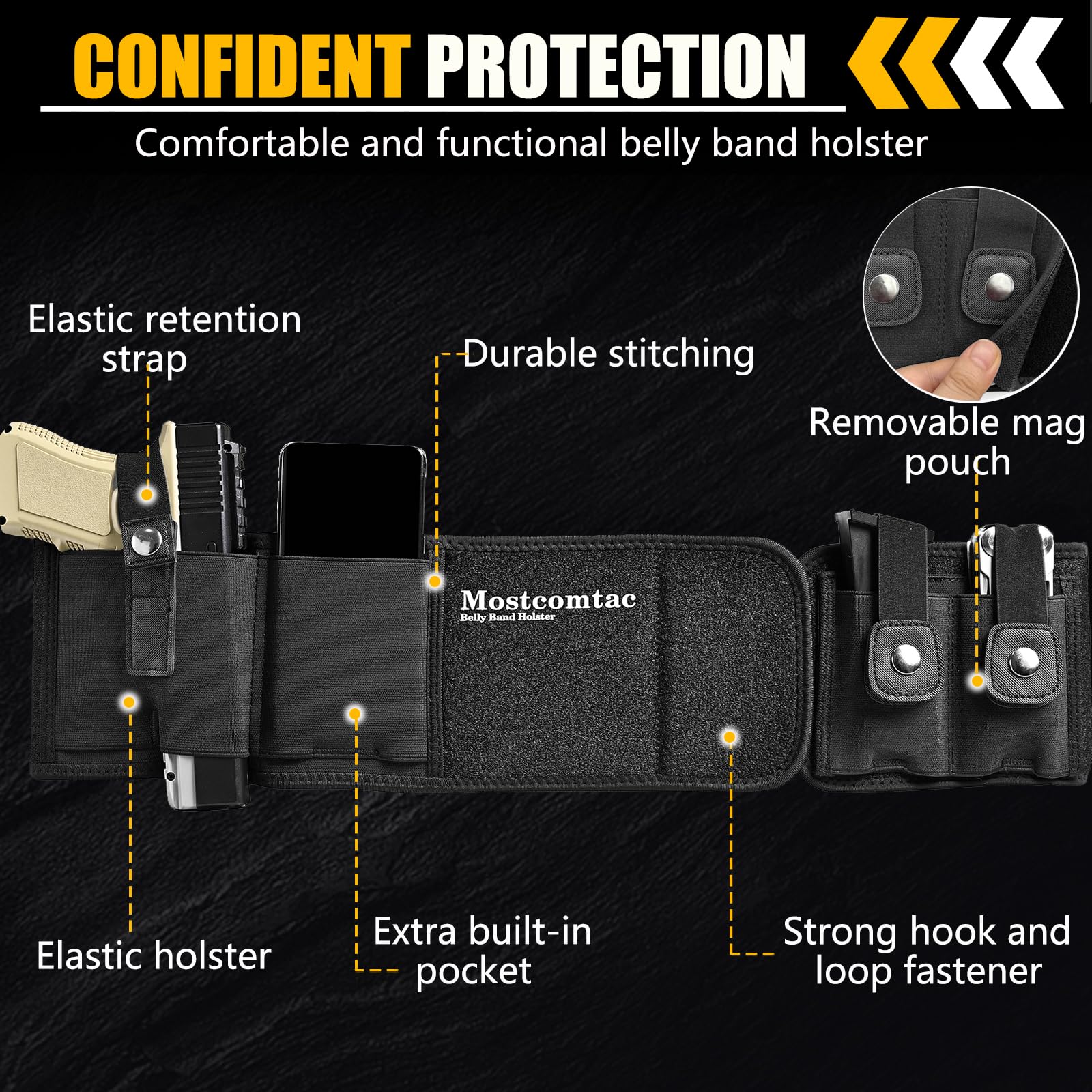 Mostcomtac Belly Band Holster for Men & Women - Comfortable Carry Gun Holster for 9MM and 380 with Breathable Neoprene, Fits Glock 19 17 42 43 43x, Taurus, Ruger LCP, S&W M&P Shield for Most Handguns