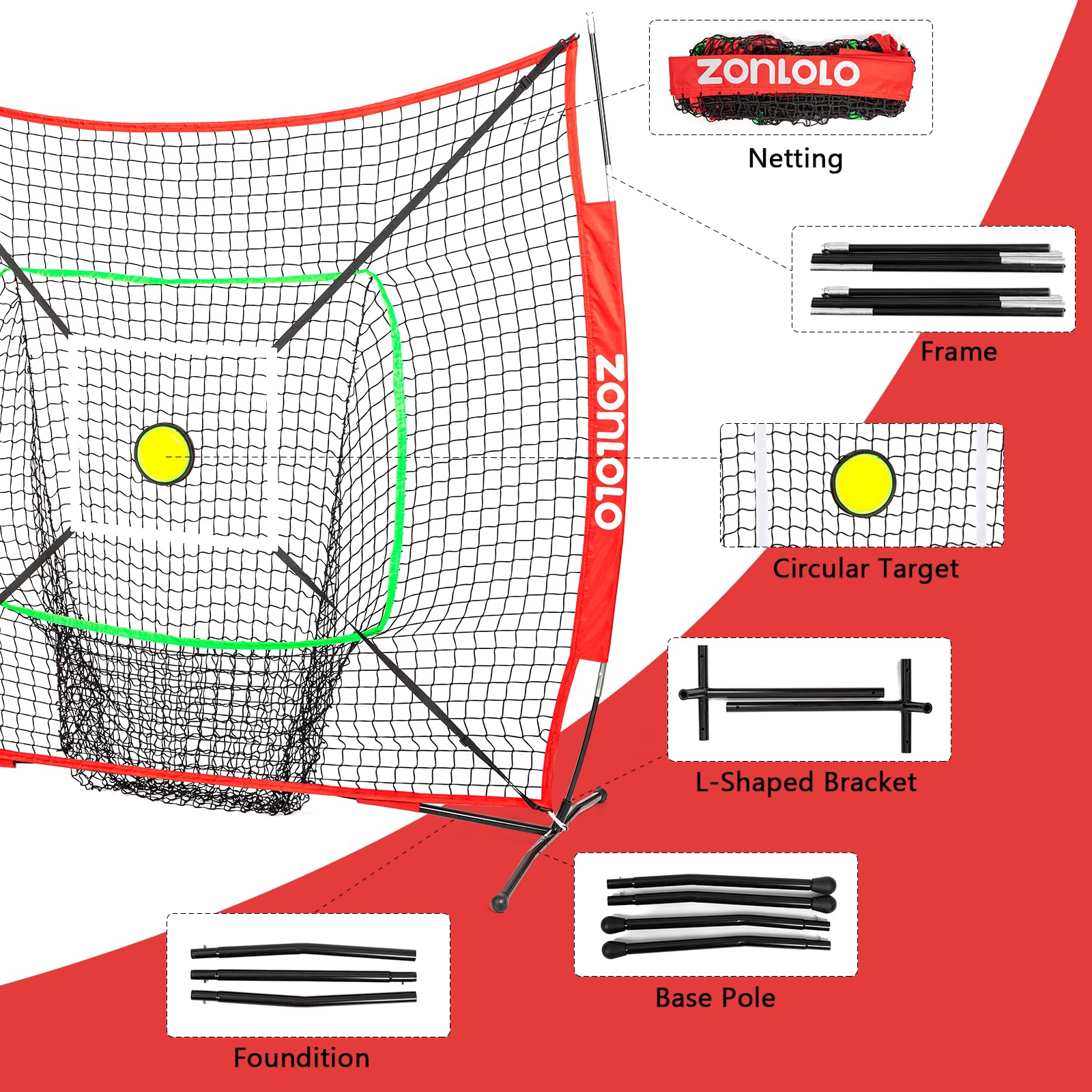 ZONLOLO 6x6ft Portable Baseball & Softball Net for Hitting and Pitching, with Sturdy Bow Frame and Carry Bag, Special Circular Target and Strike Zone for Accurate Throwing Practice, Great for Kids