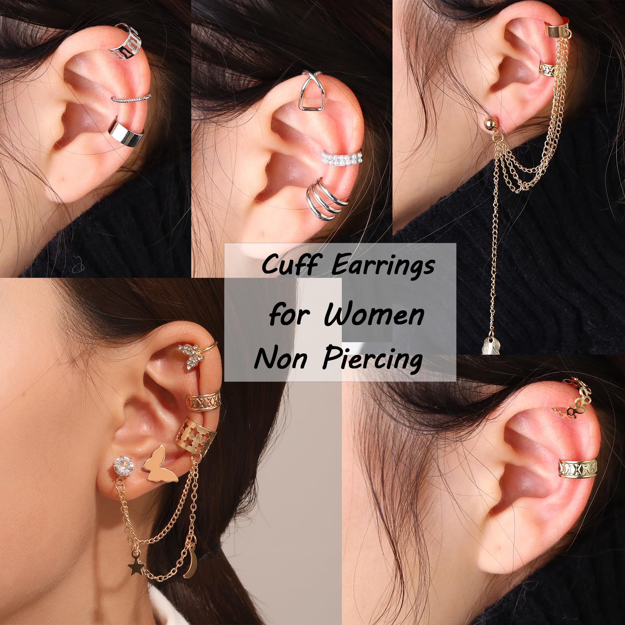 BESTEEL 66 Pcs Ear Cuff Earrings for Women Non Piercing, Hypoallergenic Silver Clip on Cartilage Fake Earrings for Sensitive Ears, Gold Ear Wrap Earrings for Helix Cartilage, Cross X Double Line Cat Claw Cz Pearl Star Butterfly Ear Cuffs Non Piercing