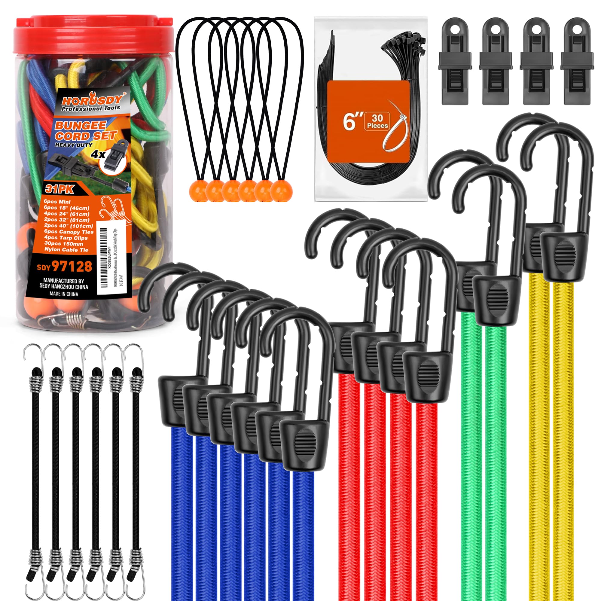 HORUSDY 31-Piece Premium Bungee Cords Assortment Jar, Includes 10",18",24",32",40" Bungee Cords, 6" Zip Ties, 8"Canopy/Tarp Ball Ties and Crocodile Mouth Tarp Clips