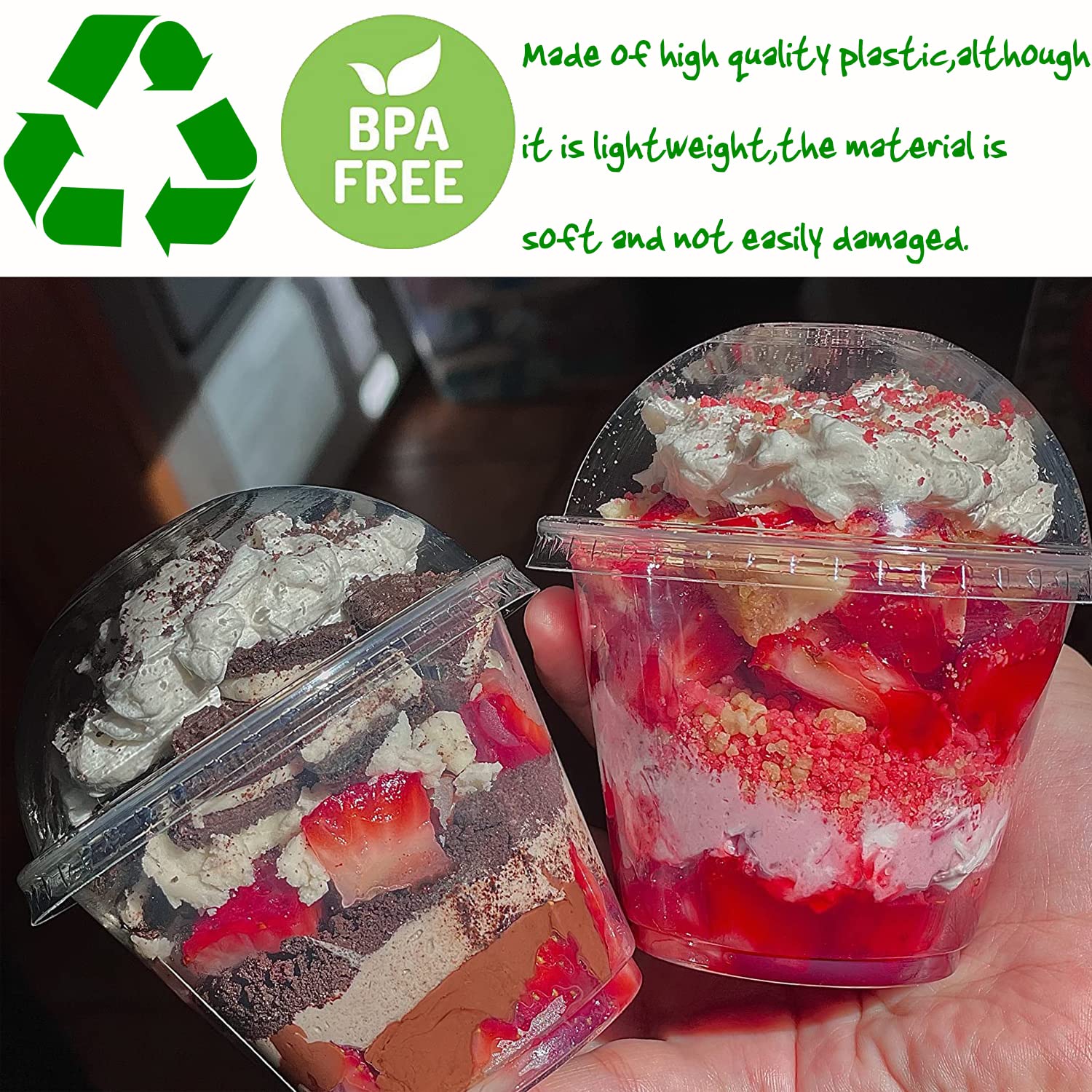 Alaeseje 50 Pack 8oz Disposable Clear Plastic Cups with Dome Lids(Hole in the Lid),PET Dessert Cups,Disposable Snack Bowls for Ice Cream,Cake,Fruit,Parfait, Pudding and Jello Shot