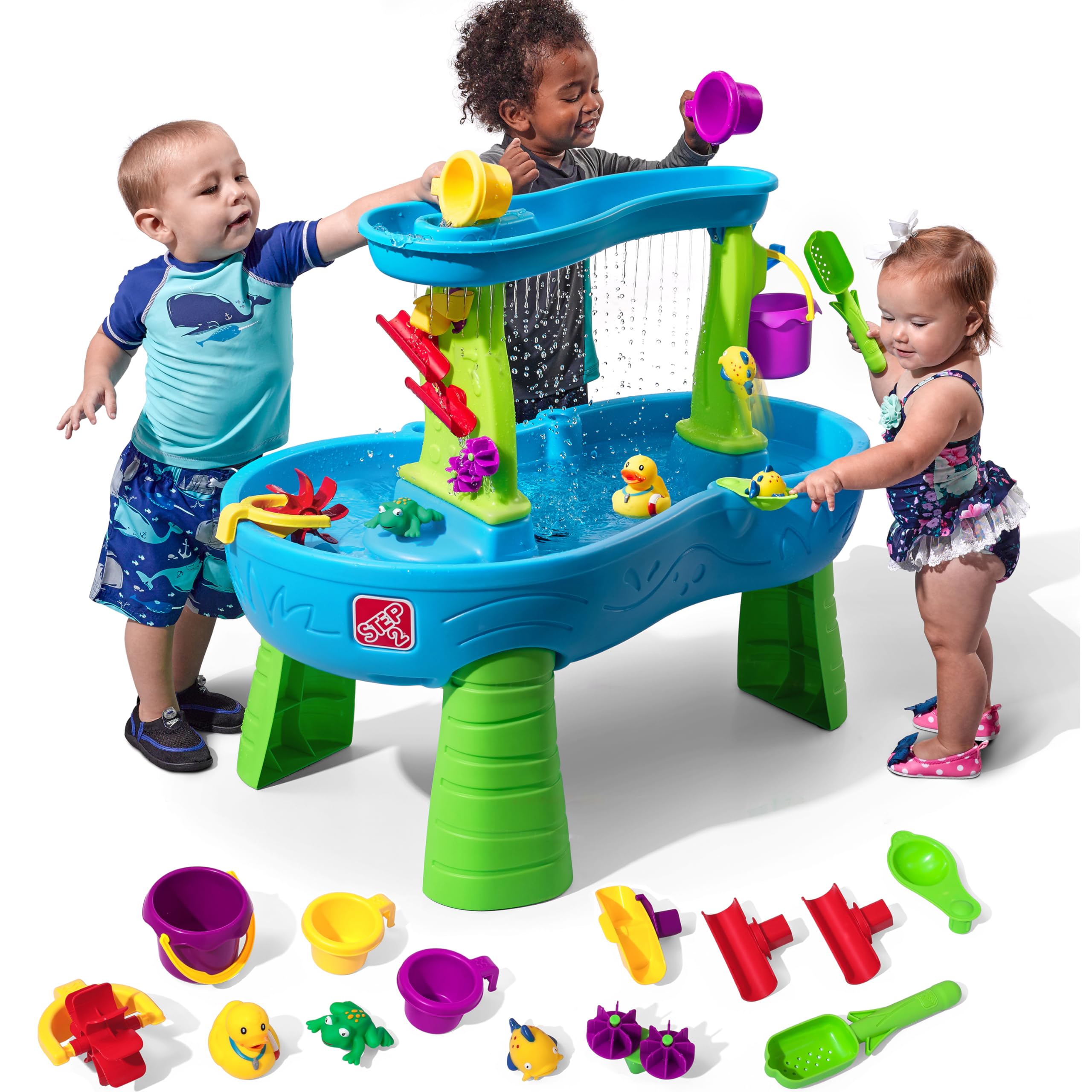 طاولة مياه "Rain Showers Splash Pond Water Table" من Step2، ألعاب حسية مائية ورملية للأطفال، ألعاب صيفية خارجية، 13 قطعة من إكسسوارات الألعاب المائية، للأطفال بعمر 1.5 سنة فما فوق، أزرق وأخضر