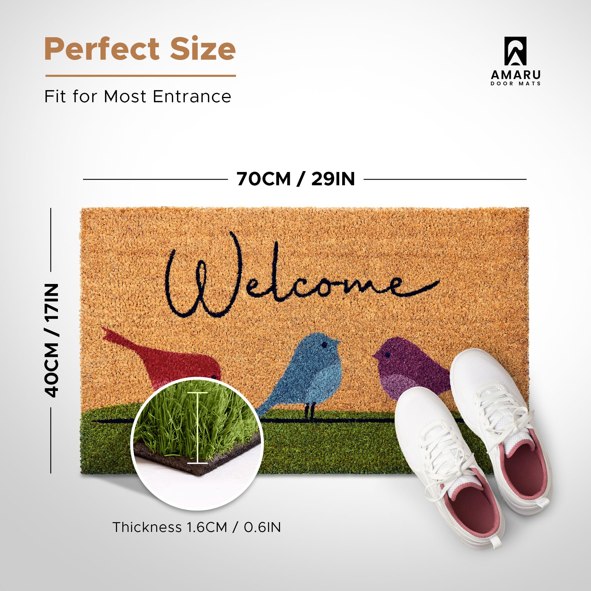 Colorful Birds - 17"x29" - Coir Door Mat with Heavy Duty Backing - Welcome Mats for Entryway, Porch - Anti-Slip PVC & Coconut Fiber Surface - Natural Home Accessories, Minimalist Original Design