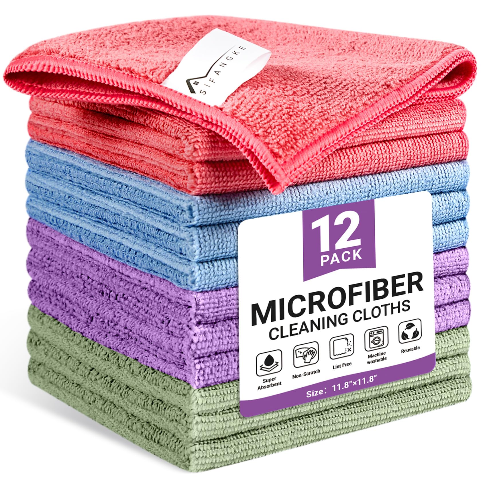 SIFANGKE Microfiber Cleaning Cloth, 12 Pack Assorted Color Cleaning Rags for Housekeeping, Colorful Reusable Microfiber Towels for Car, Kitchen, Bathroom and Household Cleaning Supplies, 11.8"X11.8"