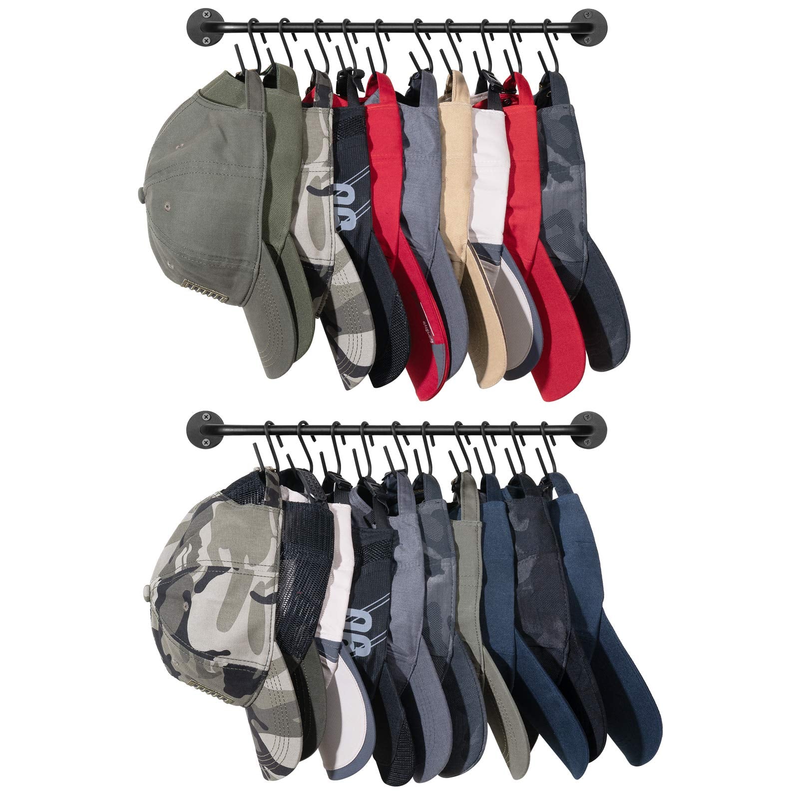 Mkono Hat Rack for Wall Baseball Cap Organizer Hanger with 20 Hooks Modern Metal Hat Holder Wall-Mounted Caps Display for Closet Door Bedroom Entryroom Laundry, Set of 2 Black