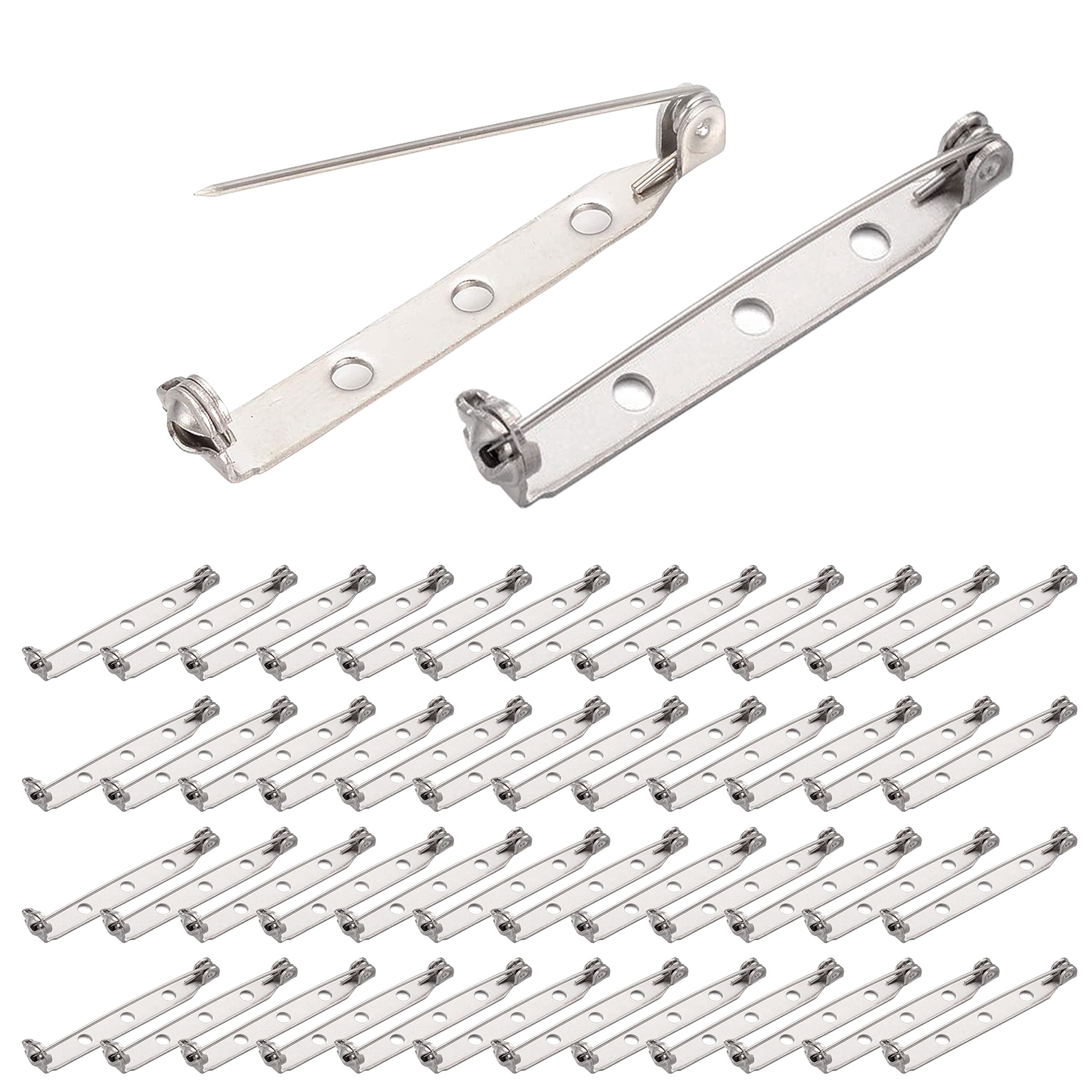 BEADNOVA Brooch Pin Back 60pcs Bar Pin Back 1.5 Inch Clasp Pinback Brooch Backings for Crafts Badge Name Tag DIY Jewelry Making and Craft (60 Pcs, Silver Color)