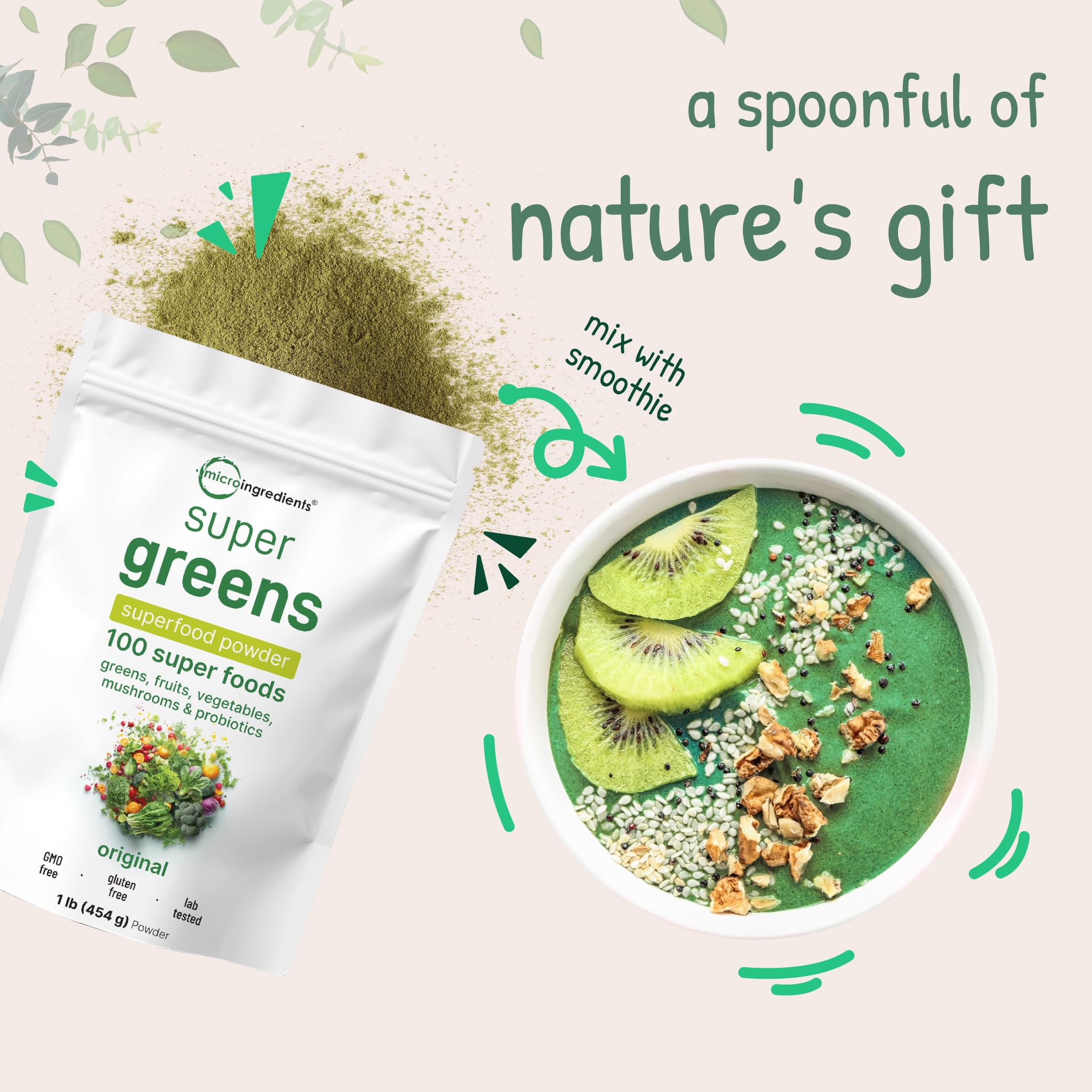 Micro Ingredients Super Greens Powder, 1lb | 100 Superfood Blend with Daily Greens, Fruits, Vegetables, Mushrooms & Probiotics | Source of Vegan Protein & Enzymes | Non-GMO, Gluten-Free, No Additives