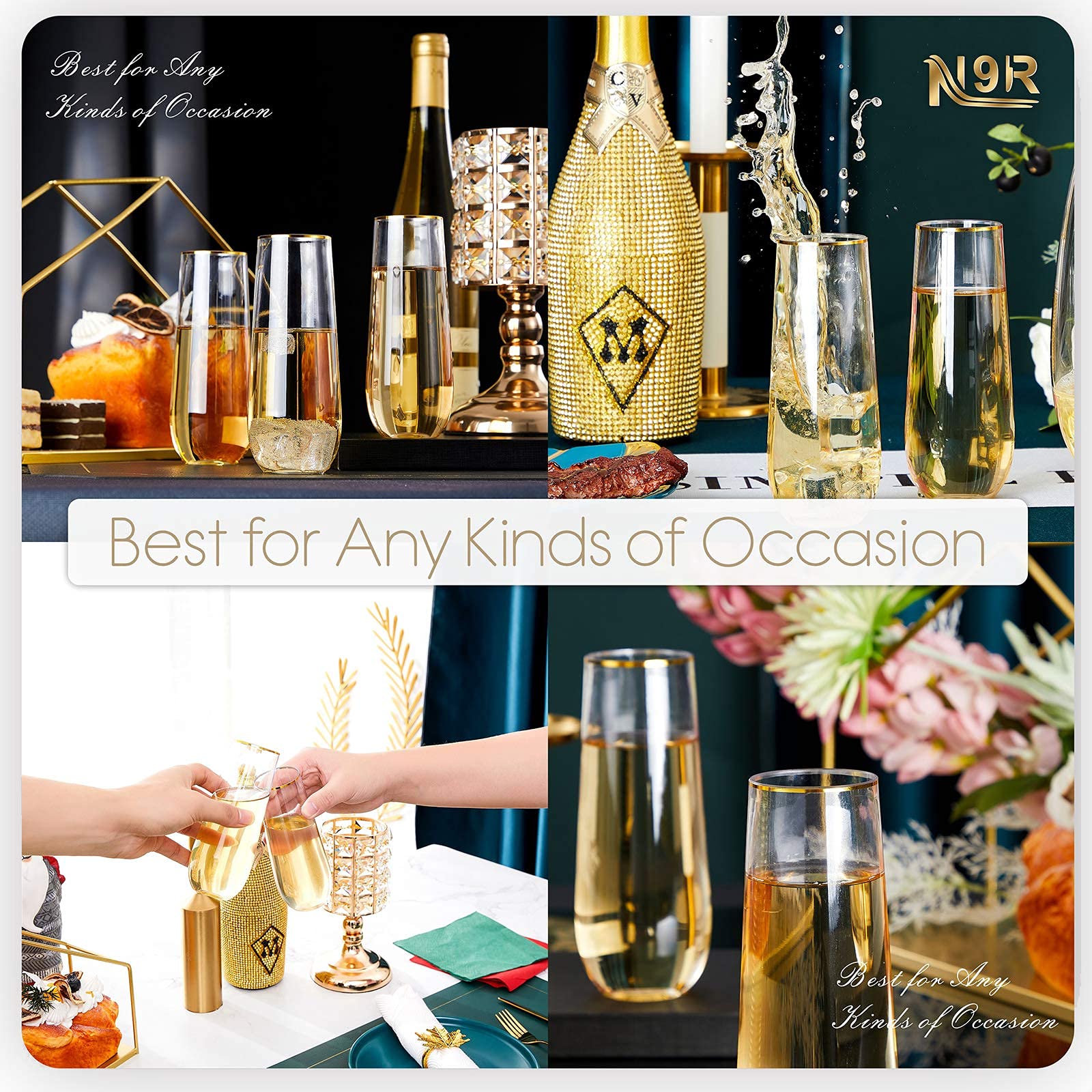 N9R 12PCS Plastic Champagne Flutes, 9 oz Stemless Disposable Gold Rim Toasting Glasses, Crystal Clear Cocktail Cups Drinkware Shatterproof Ideal for Party Wedding Birthday