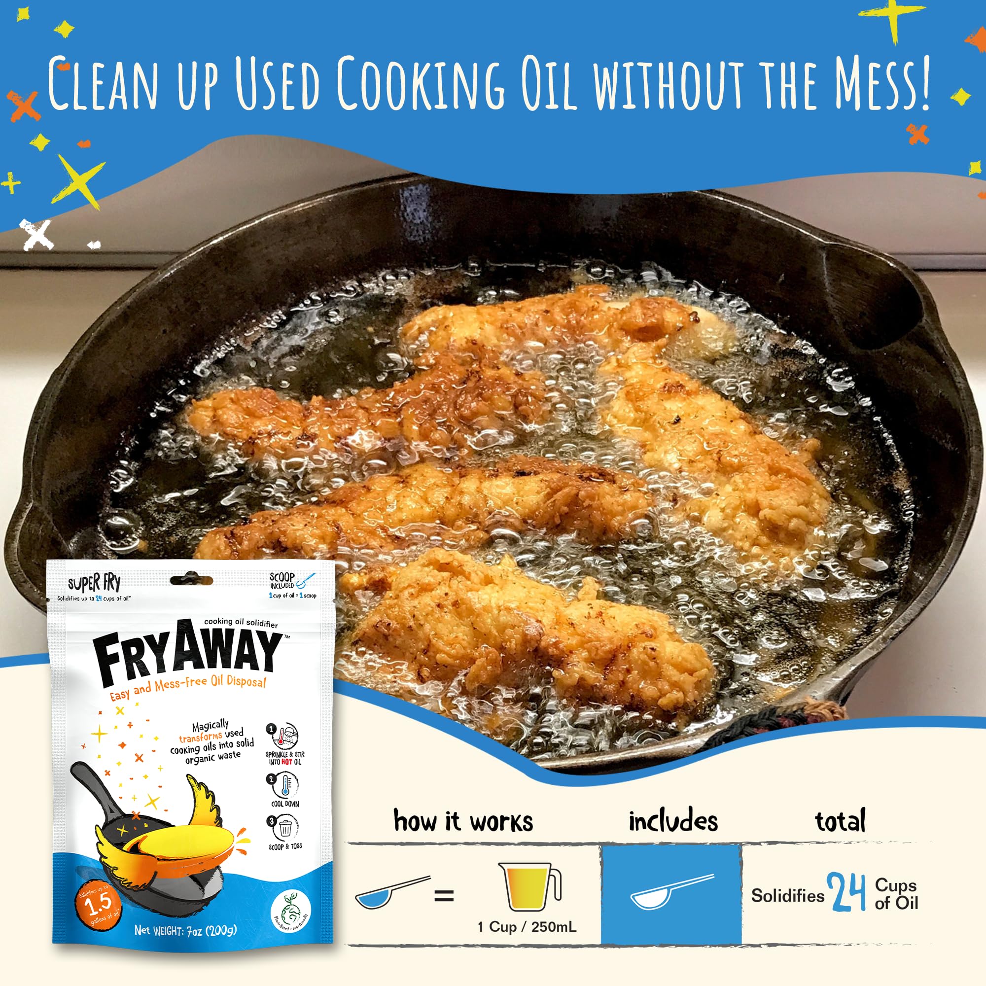 FryAway Cooking Oil Solidifier, Vegetable/Canola Oil Hardener for Easy Disposal, Natural Oils Solidifies, Grease Solidifying Powder, Waste Solution As Seen on Shark Tank, Super Fry, 24 Cups