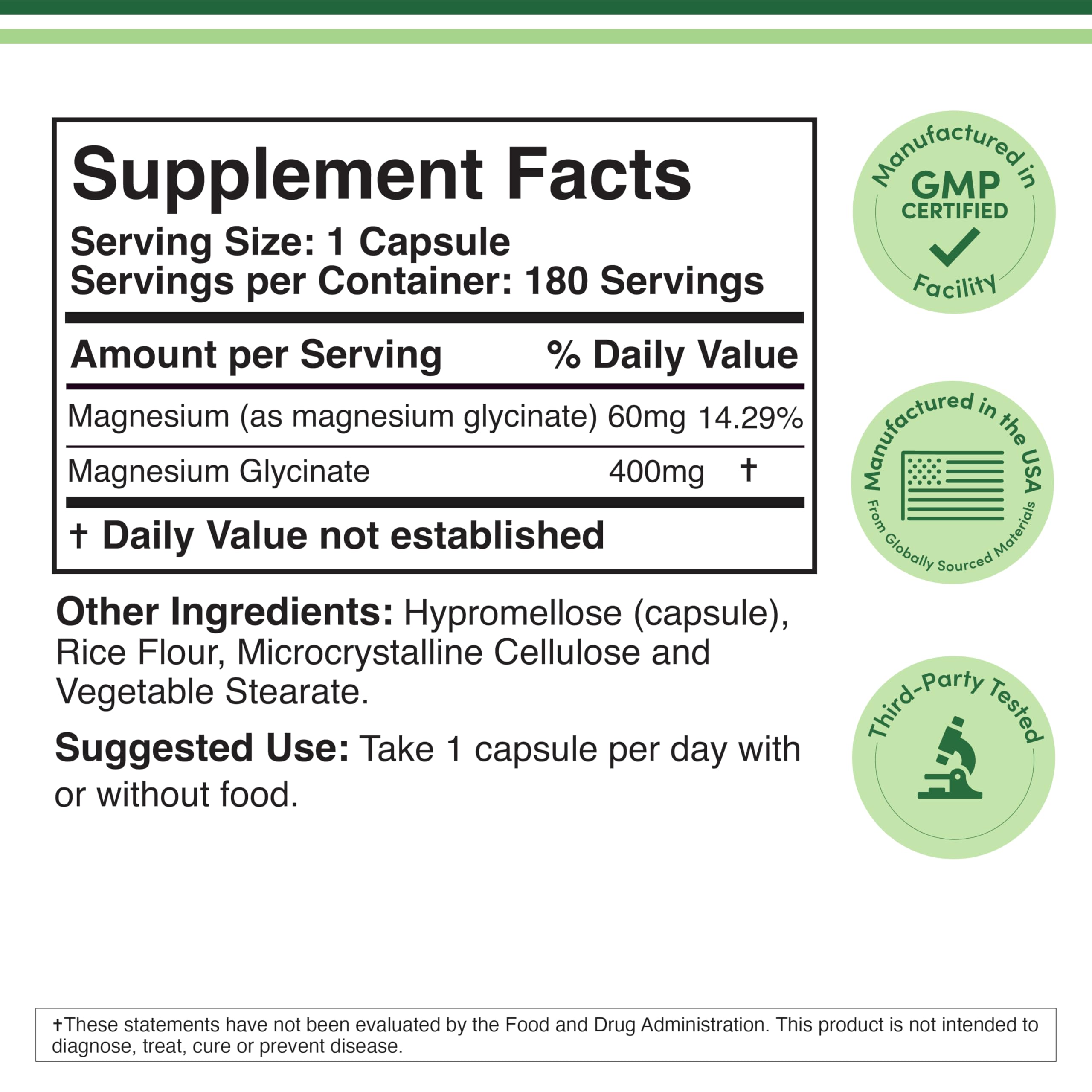 Magnesium Glycinate 400mg, 180 Capsules - for Sleep, Muscle, & Heart Support - (Vegan, Third Party Tested, Gluten Free, Non-GMO) by Double Wood Supplements