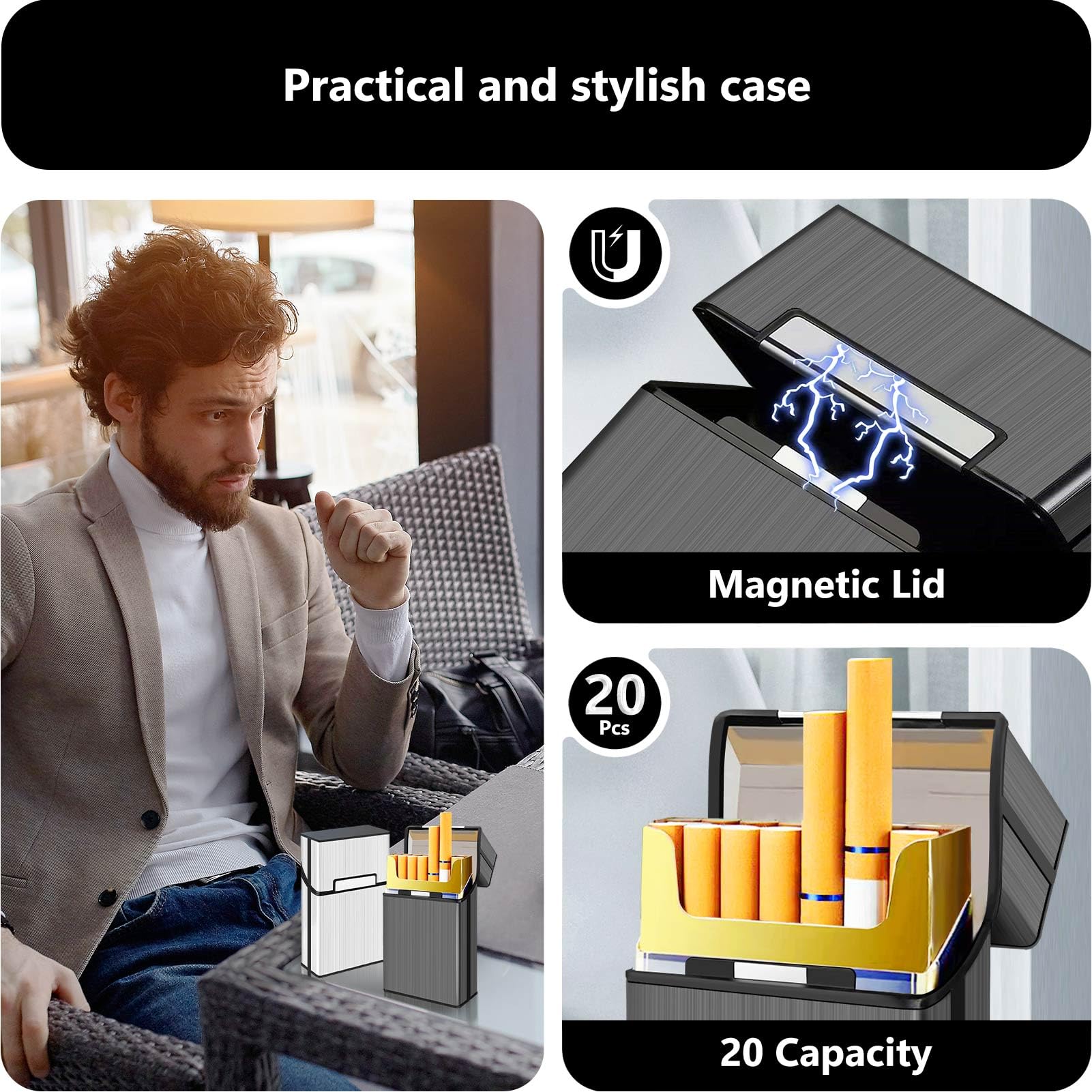 roygra Cigarette Case (2 Pack), Magnetic Switch 20pcs Cigarette Holder Case for Men Women, Cigarettes Smoking Accessories, Metal and Plastic Box for Smoke (Gray + Silver, 85mm King Size)