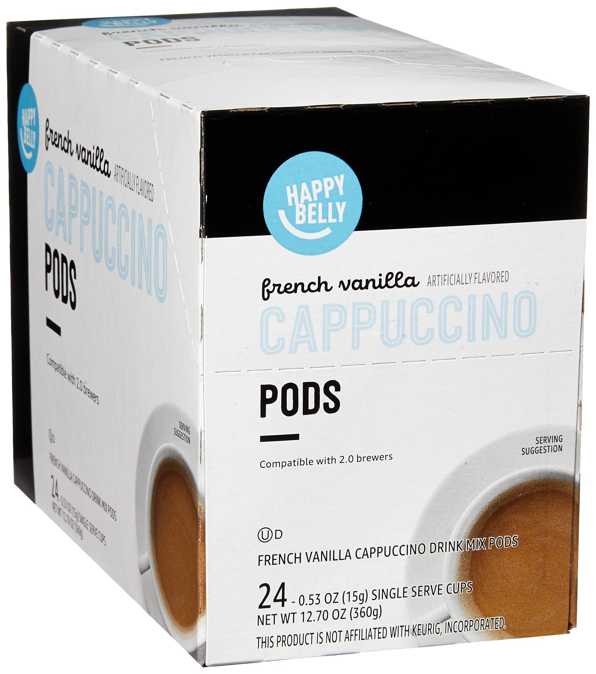 Amazon Brand – Happy Belly Cappuccino Kaffeepads, hell geröstet, kompatibel mit 2.0 K-Cup-Kaffeemaschinen, französischer Vanille-Geschmack, 24 Stück, 680 g (1er-Pack)