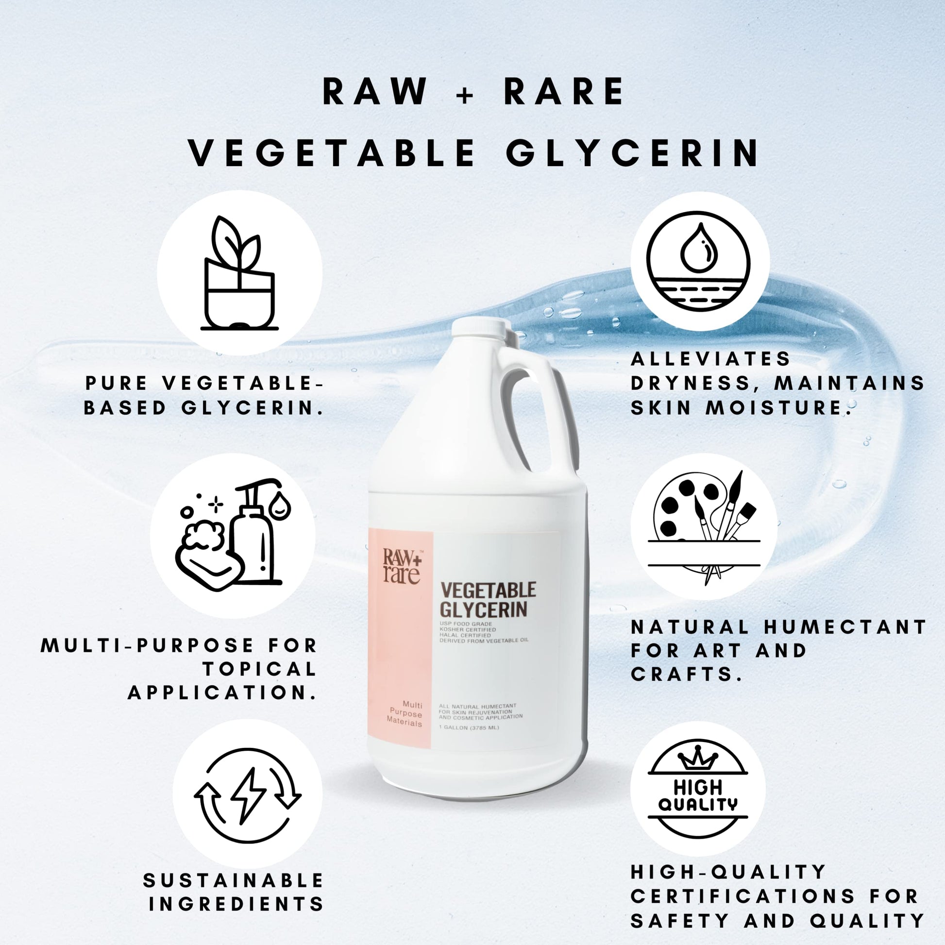 Raw Plus Rare Natural Glycerin for Skin and Face, Bulk Gallon (128 fl oz), USP Food Grade/Cosmetic Grade, for Hair, Skin, Crafts, Soap Base Oil - Kosher, Halal and Pharmaceutical Grade