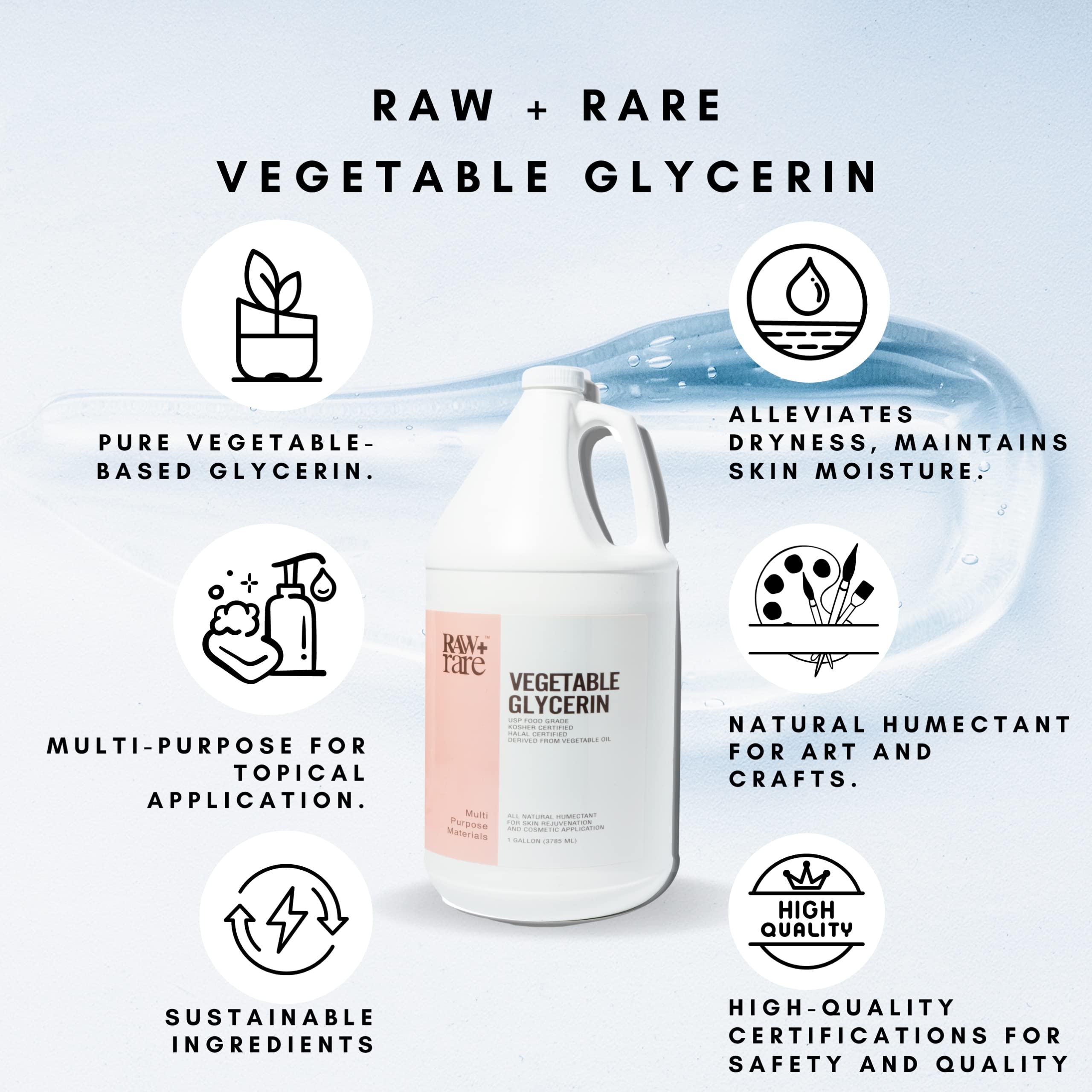 Raw Plus Rare Natural Glycerin for Skin and Face, Bulk Gallon (128 fl oz), USP Food Grade/Cosmetic Grade, for Hair, Skin, Crafts, Soap Base Oil - Kosher, Halal and Pharmaceutical Grade