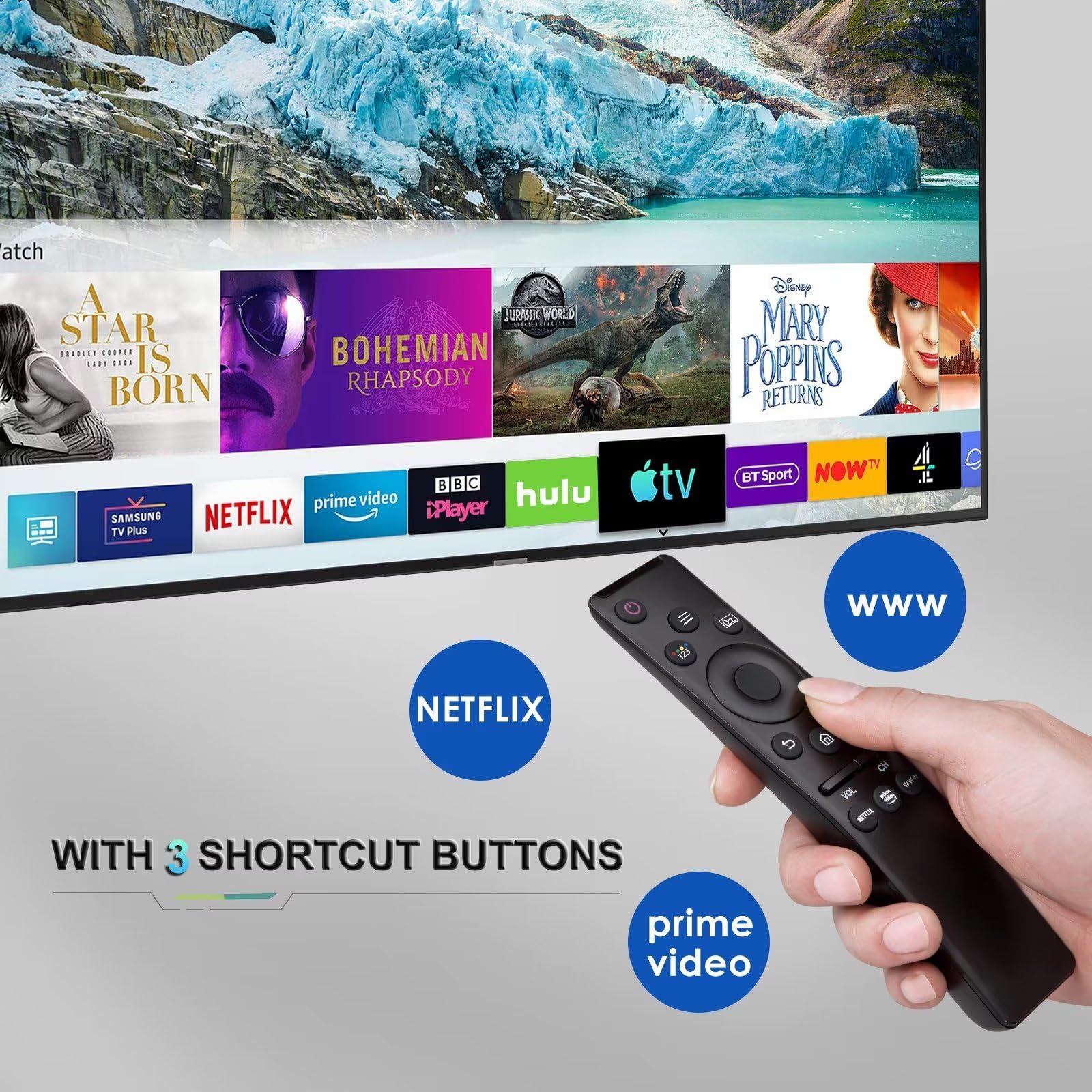 Universal Remote Control Compatible for All Samsung TV LED QLED UHD SUHD HDR LCD Frame Curved Solar HDTV 4K 8K 3D Smart TV Remote Replacement, with Buttons for Netflix, Prime Video, WWW