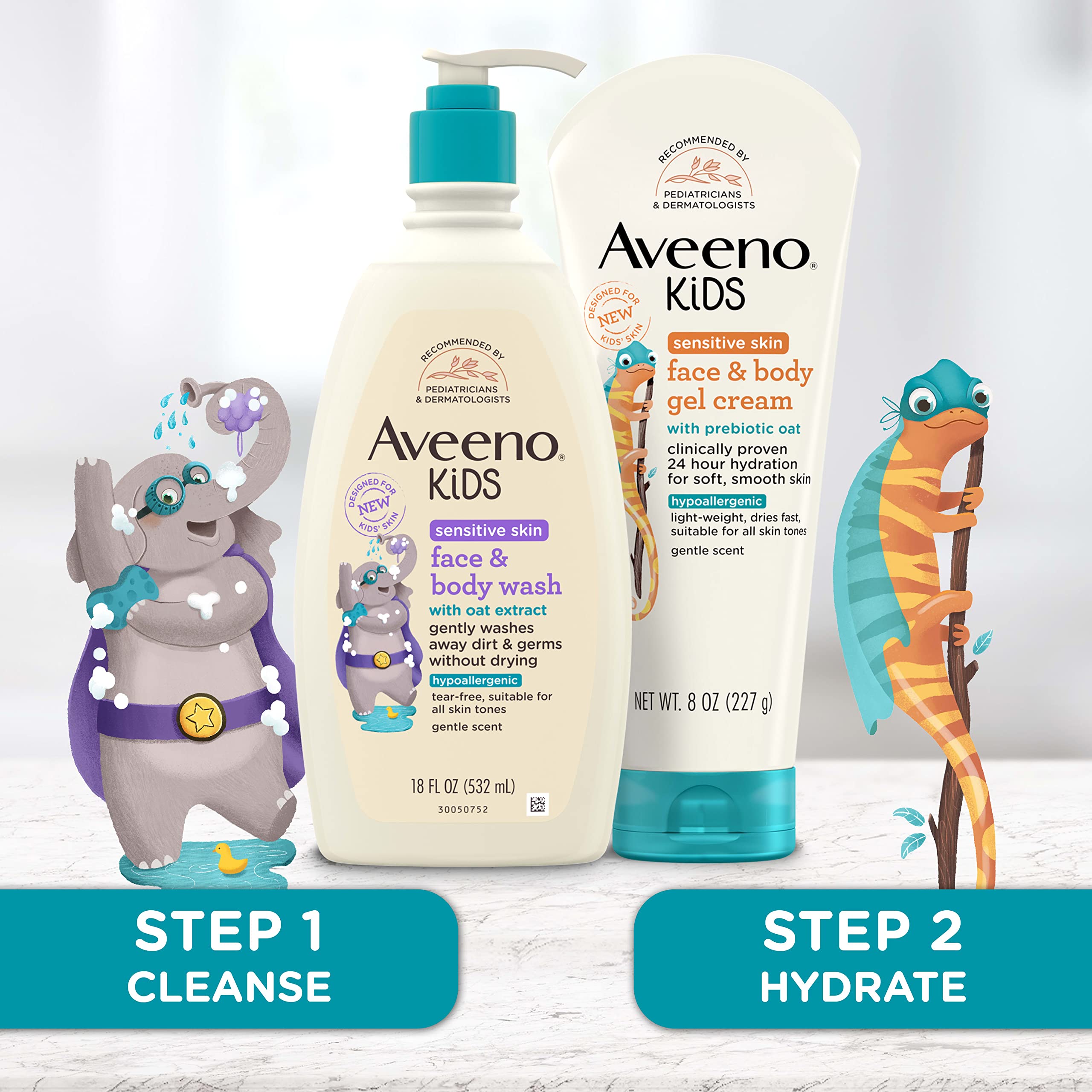 Aveeno Kids Face & Body Wash for Sensitive Skin, Oat Extract, Tear-Free, Non-Drying, Light Scent, Pump Dispenser, Hypoallergenic, Phthalate, Sulfate & Dye Free, 18 fl oz