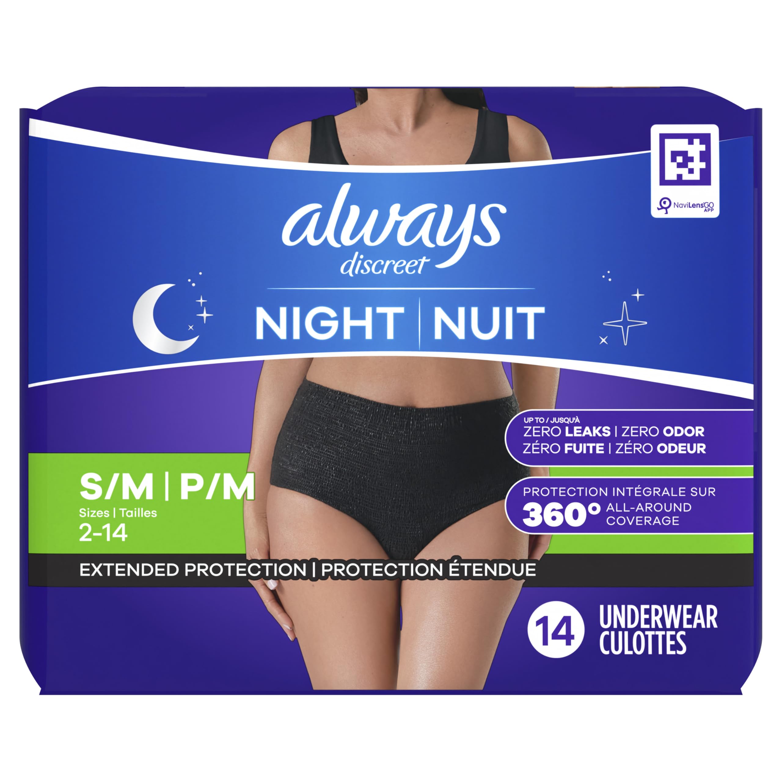 Always Discreet Adult Incontinence Overnight Underwear for Women, Small/Medium, Up to 100% Bladder Leak Protection, 14 Count