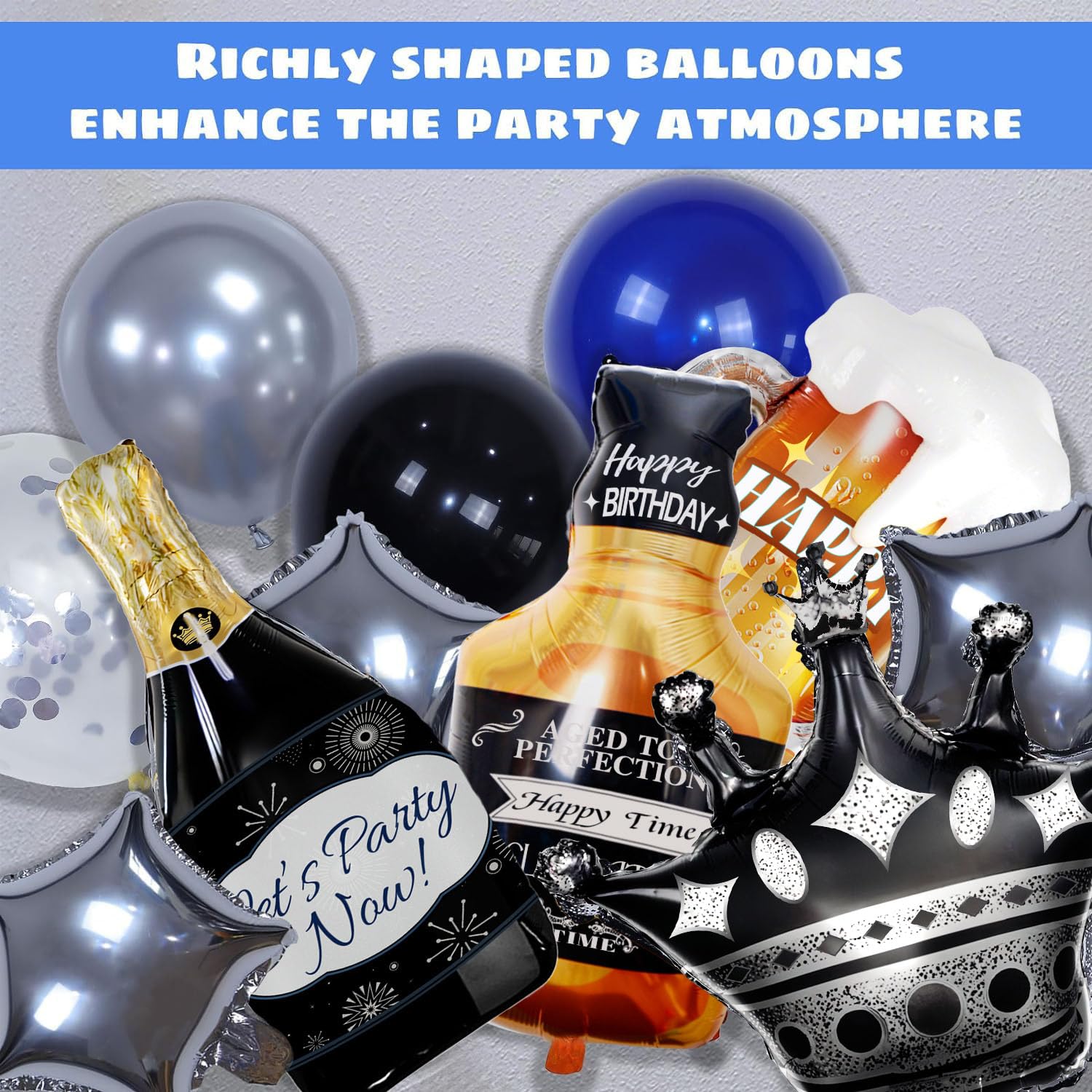 Blue and Black Happy Birthday Decorations for Men,Birthday Decorations with Banner, Fringe Curtains,Foil Balloons, Balloon Kits for 21st,25th 27th 30th 35th 40 50 60th Birthday Decorations