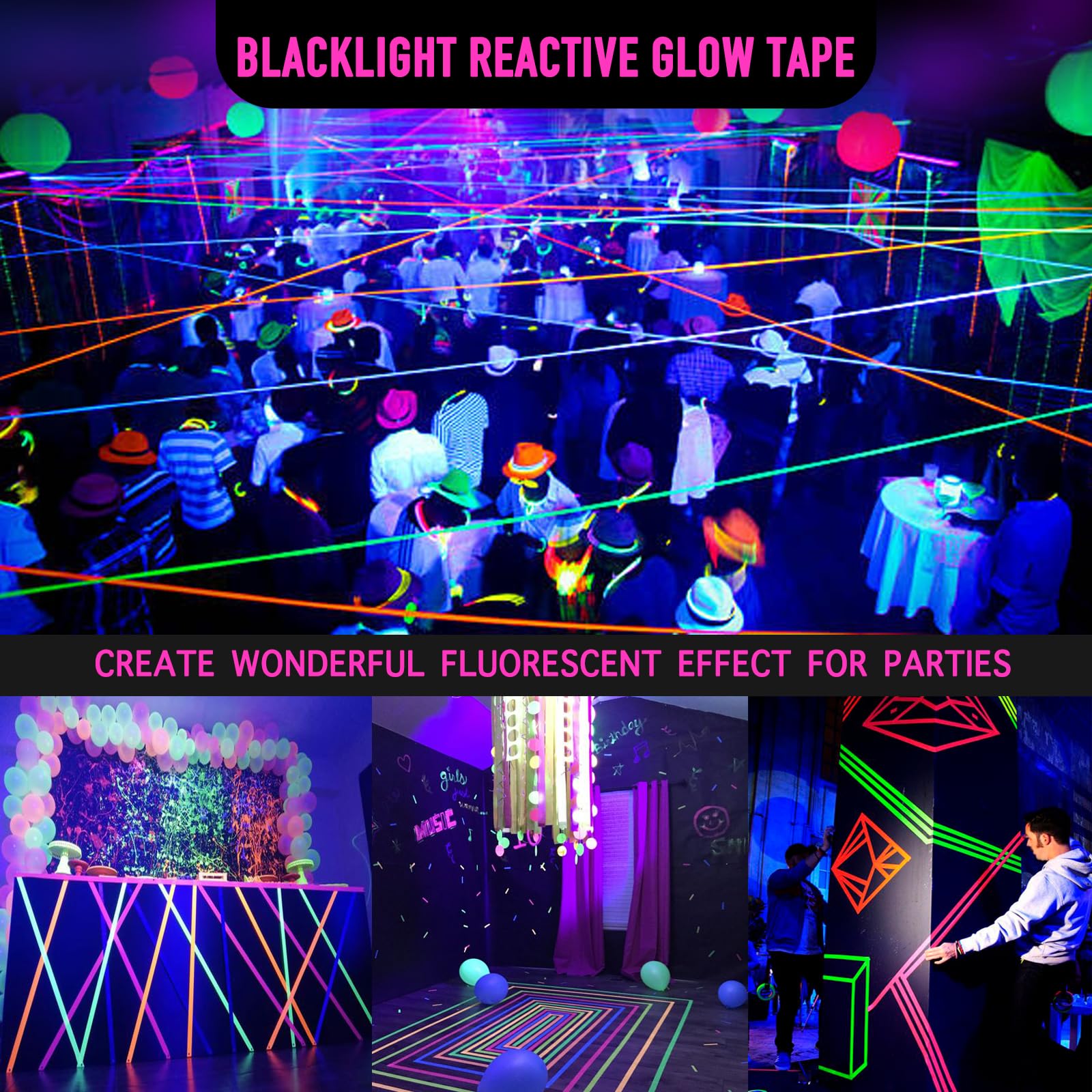 KIWIHUB UV Blacklight Reactive Fluorescent Cloth/Neon Gaffer Tape, Super Bright Spike Tape for Glow Party Supplies, 0.6inch x 16.5ft per Color