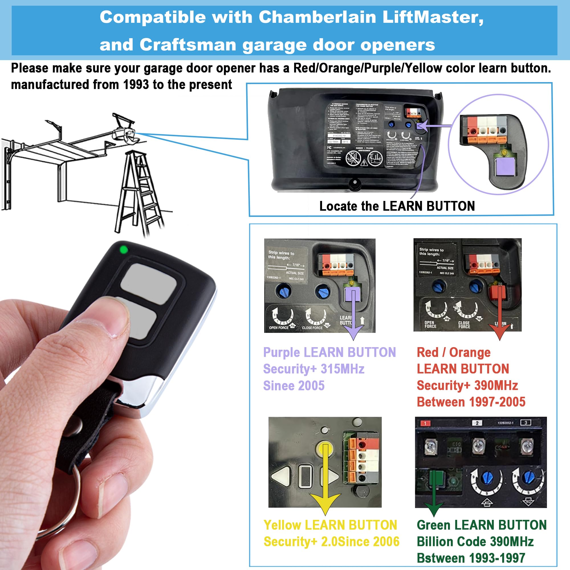 Garage Door Opener Keypad with 2 Garage Door Opener Remote for Liftmaster Chamberlain Craftsman Garage Door Opener Remote Keypad 877MAX 893LM 893Max 971LM 371LM, Purple Yellow Red Orange Learn Button
