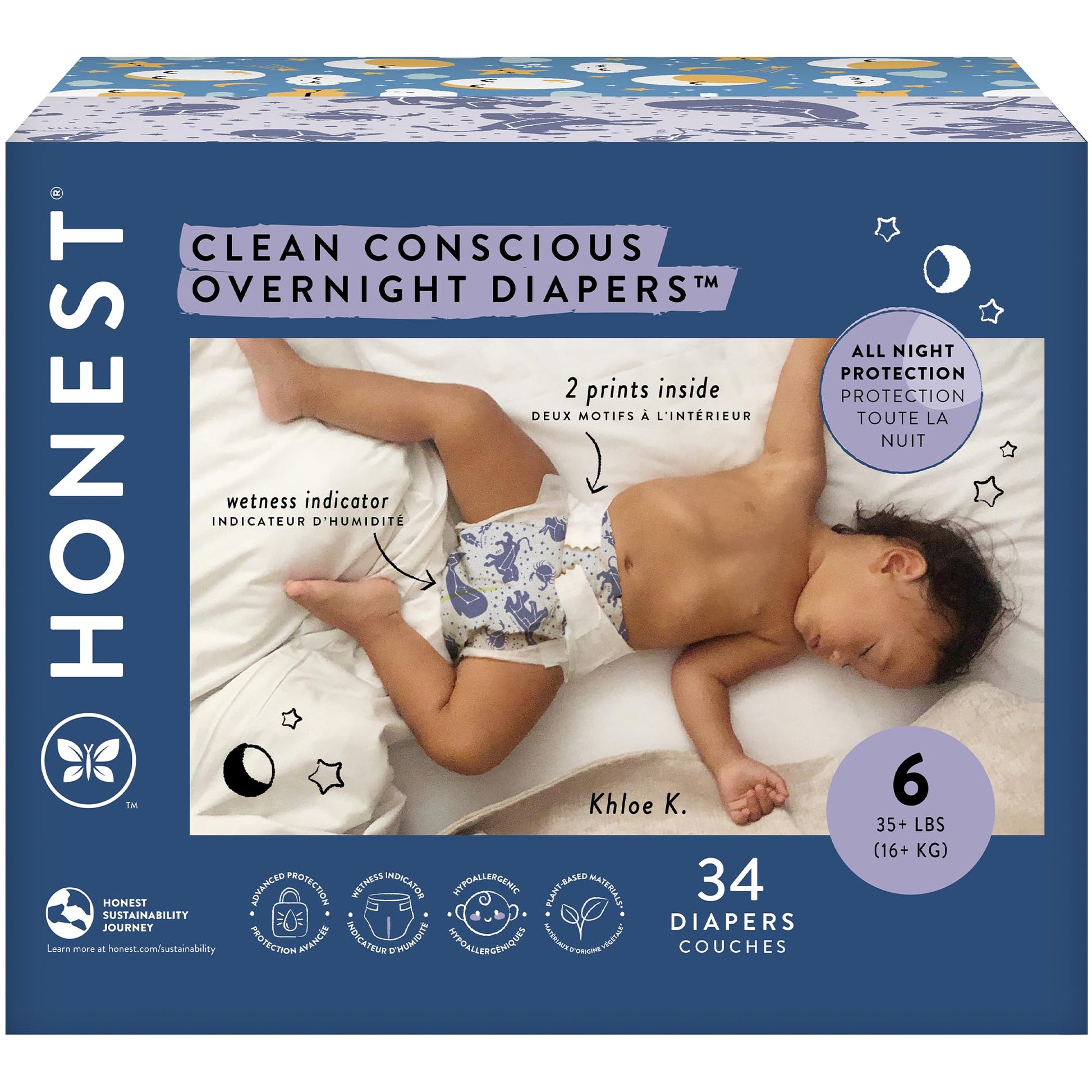 The Honest Company Clean Conscious Overnight Diapers for Sensitive Skin | Hypoallergenic, Fragrance Free | Cozy Cloud + Star Signs | Club Box, Size 6 (35+ lbs), 34 Count