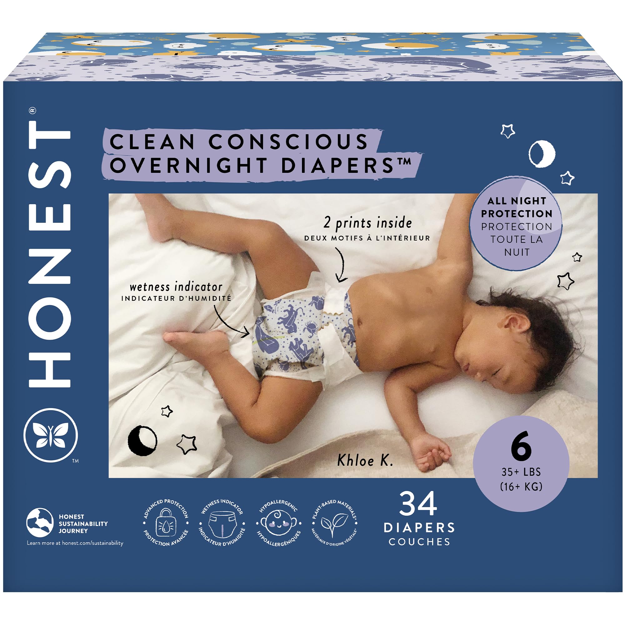 The Honest Company Clean Conscious Overnight Diapers for Sensitive Skin | Hypoallergenic, Fragrance Free | Cozy Cloud + Star Signs | Club Box, Size 6 (35+ lbs), 34 Count
