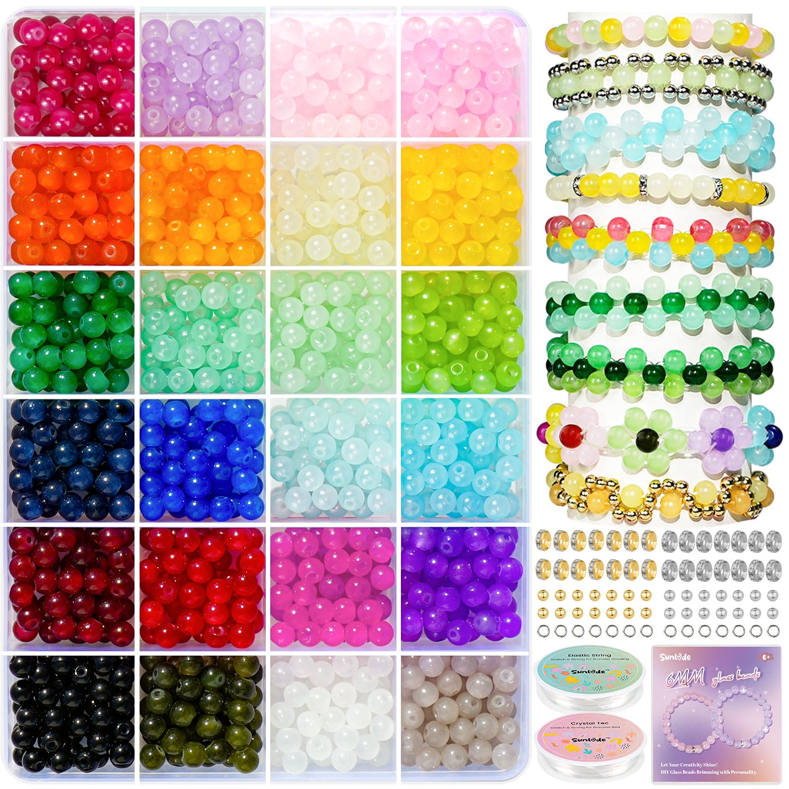 Sunlode Glass Beads for Bracelets 1400pcs Bracelet Making Kit 6mm Glass Bead for Jewelry Making Bracelet Beads 24 Colors Crystal Beads Adult Jewelry Making Supplies Round Glass Beads for Crafts