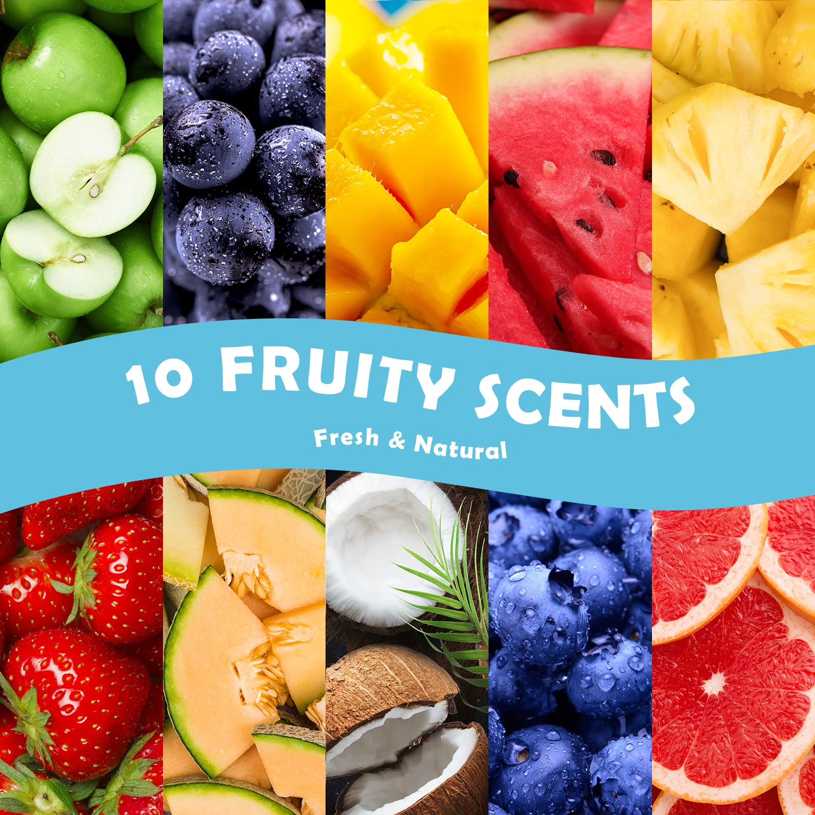 Fruity Fragrance Oil for Candle & Soap Making, Holamay Premium Fruit Essential Oils, 10 x 5ml - Coconut, Strawberry, Mango, Pineapple and More Diffuser Oil Scents, Summer Aromatherapy Oils Set