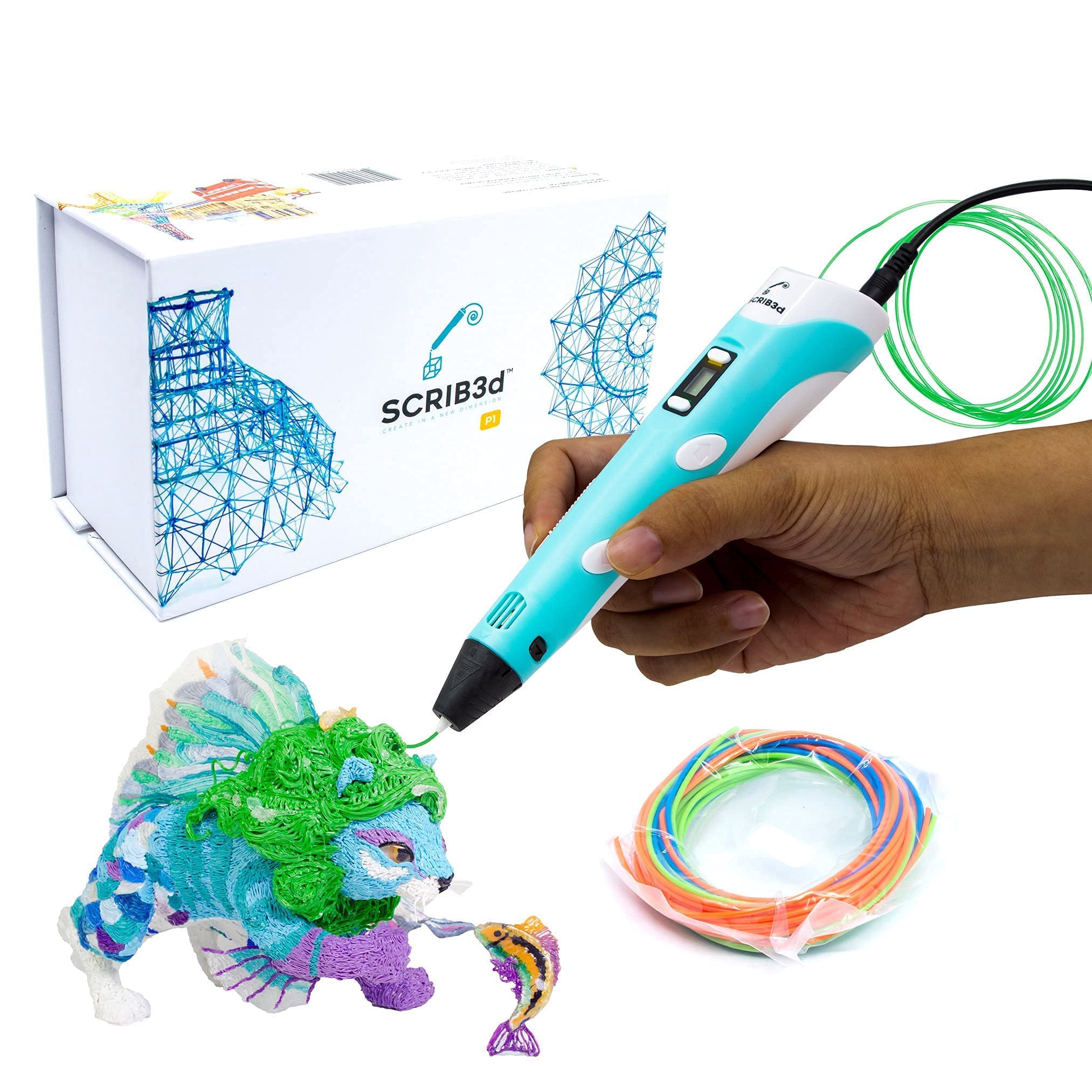 SCRIB3D P1 3D-Druckstift mit Display – Inklusive 3D-Stift, 3 Starterfarben PLA-Filament, Schablonenbuch + Projektanleitung und Ladegerät