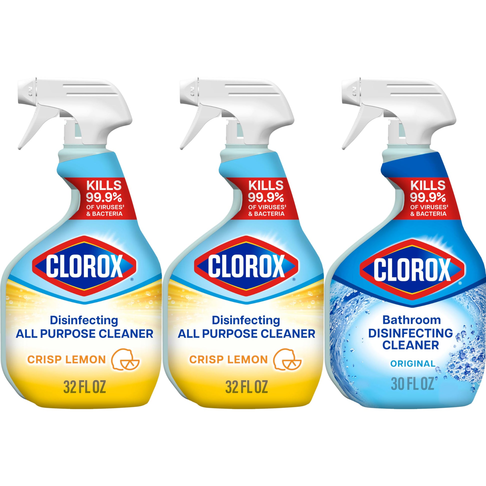 CLOROX Disinfecting All-Purpose Cleaner 32 Oz and Disinfecting Bathroom Cleaner, Household Essentials, 30 Oz, Pack of 3